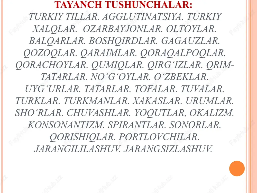 ash (odamning boshi): q.turk., tur., ozarb., turkm., gag., qirg‘.,q.balq., qum., tuv., bash; qoz., bas, no‘g‘. bas, q.qalp. bas, yoqut. bas, kar. bash, bas, xak. pas; qaz (qazmoq): q.tur., uyg‘., no‘g‘., qum., q.balq., kar., qoz., qaz; tur. kaz; gag., ozarb. gaz, xak., yoq., olt. xas va hokazo. a>a°. aning lablanib, orqaga siljishi tatar va boshqird tillari uchun xosdir: baqїr: tur., qirg‘., qum., no‘g‘., baqїr, qoz. baqr, turk bakїr, turkm. bakїr, tat. ba°kr, boshq. ba°qr; qara (qora): q.tur.,qoz., qirg‘., no‘g‘., qum.qara; tur. kara, tat.,boshq. qa°ra; at (hayvon): q.tur.., tur., ozarb., no‘g‘., qoz. at; tat., boshq. a°t. a>u. ushbu hodisa quyi chuvash dialektiga asoslangan chuvash adabiy tili uchun xarakterlidir: bash (bosh): chuv. pus; tap (top): qirg‘., qoz., tur., tap; chuv. tup; yar (yormoq, parchalamoq): no‘g‘., uyg‘., qum.,qoz., qirg‘., jar; xak.., tuv. char, olt. dar, chuv. sur. a>uning oraliq darajasi a>o bo‘lib, u yuqori chuvash dialektida hozir ham saqlangan. a>o. bu holatda keng o …