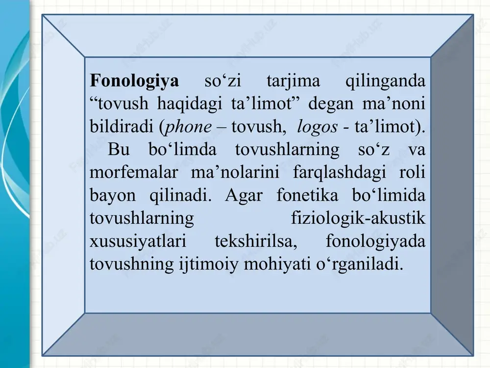 r, undosh tovushlar. bular quyidagicha farqlanadi: 1) unli tovushlar hosil bo‘lishida o‘pkadan chiqayotgan havo og‘iz bo‘shlig‘ida hech qanday to‘siqqa uchramasdan o‘tadi, undosh tovushlarni hosil qilishda esa o‘pkadan chiqayotgan havo og‘iz bo‘shlig‘ida turli to‘siqlarga uchraydi va buning natijasida shovqin hosil bo‘ladi; 2) unli­ tovushlarni cho‘zib talaffuz qilish mumkin, undoshlarni esa cho‘zib talaffuz qilib bo‘lmaydi; 3) unli tovushlar talaffuzida tovush paychalari albatta titraydi, undoshlar talaffuzida esa tovush paychalari titrashi ham (jarangli va sonorlarda), titramasligi ham (jarangsizlarda) mumkin. unli tovushlar va ularning tasnifi har bir til o‘zining unli tovushlar tizimiga ega. bu tizim vokalizm deb ataladi. o‘zbek tilidagi unli tovushlar (a, i, o, u, o‘, e) uch tomondan tasnif qilinadi: 1.tilning gorizontal (yotiq) harakatiga ko‘ra. 2.tilning vertikal (tik) harakatiga ko‘ra. 3. lablarning ishtirokiga ko‘ra. lablarning ishtirokiga ko‘ra tilning gorizontal harakatiga ko‘ra tilning vertikal harakatiga ko‘ra old qator orqa qator lablanmagan i yuqori tor unlilar lablangan u lablanmagan e o‘rta (keng) unlilar lablangan o‘ …