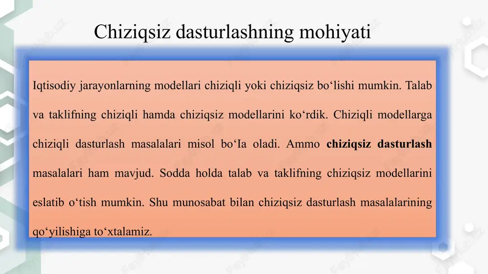 roven tretiy uroven chetvertiy uroven pyatiy uroven yevklid fazosi endi chiziqsiz dasturlash masalalari ning qo'yilishiga to’xtalamiz. asosan masalalar ikki turli qo‘yiladi; 1) shartsiz minimum (ekstremum) masalasi; 2) shartli minimum (ekstremum) masalasi. shartli minimum masalasi o‘z navbatida 2 turli bo‘ladi: 1) shartlari tengliklar bilan berilgan shartli minimum masalasi; 2) shartlari tengsizliklar bilan berilgan shartli minimum masalasi. chiziqsiz dasturlash masalalarining qo'yilish kvadratik formalar haqida kvadratik formalar haqida chiziqsiz dasturlashning shartsiz va shartli minimum masalalari e’tiboringiz uchun tashakkur!!! image2.jpeg image3.png image4.wmf image5.wmf oleobject1.bin oleobject2.bin image6.png image7.png image8.png image9.wmf oleobject3.bin image10.wmf oleobject4.bin image11.wmf oleobject5.bin image12.png image13.png image14.png image15.png image16.png image17.png image18.png image1.jpeg ( ) n x x x f u ,..., , 2 1 = i i x u mu ¶ ¶ = 1 2 , 2 1 x x mrs x x d d - = i x p x p = + 2 2 1 1 i x p x p = …