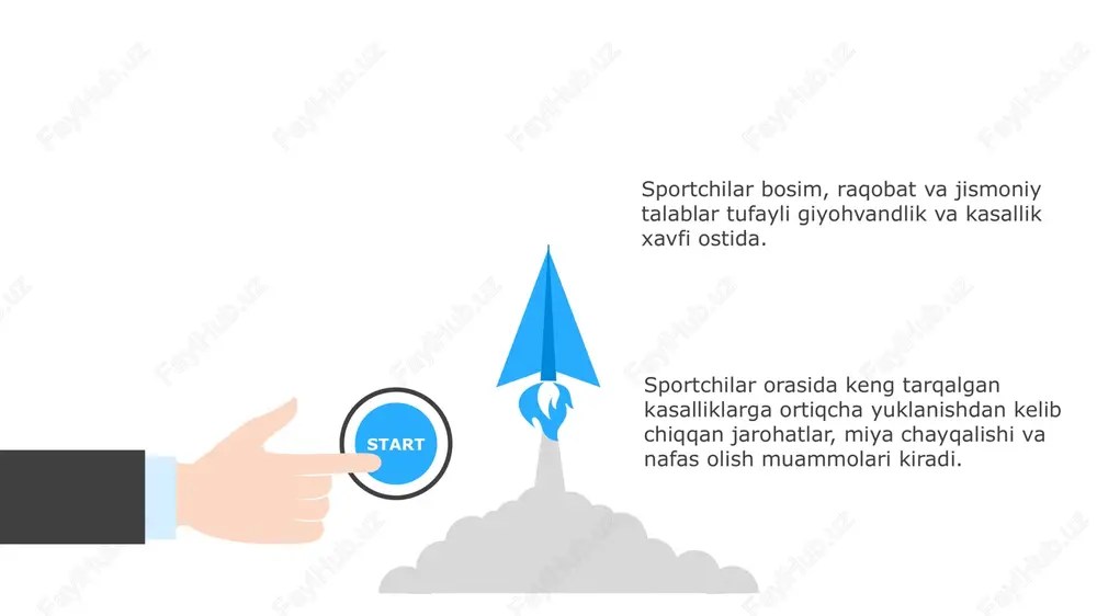 kiradi. tananing ichiga kirganidan ko'ra ko'proq suyuqlik yo'qotilganda, issiqlik kasalligi va suvsizlanish yuzaga keladi, bu esa haddan tashqari qizib ketishga va elektrolitlar muvozanatining buzilishiga olib keladi. 03 sportchilar uchun issiqlik kasalliklari va xastaliklarining oldini olishda to'g'ri suv ichish, mashg'ulotlar va oziqlanish juda muhimdir. kasalliklarning ish faoliyatiga ta'siri zaiflashgan muskullar va zaiflashgan immunitet tizimi tufayli jarohatlanish xavfi oshadi. og'riq, charchoq va cheklovlar tufayli mashg'ulotlarning intensivligi va hajmi kamaytirildi. psixologik ta'sir motivatsiya, ishonch va umumiy farovonlikka ta'sir qiladi. s w o t swot nafas olish kasalliklari sportchilar intensiv mashg'ulotlar, atrof-muhit tirnash xususiyatiga ega moddalarga ta'sir qilish va immunitet tizimining zaiflashuvi tufayli ushbu kasalliklarga yuqori xavf ostida. sportchilarning nafas olish aʼzolari kasalliklarini boshqarish toʻgʻri tashxis qoʻyish, dori-darmonlar va turmush tarzini oʻzgartirishni oʻz ichiga oladi. sportchilar orasida astma, mashqlar bilan bogʻliq bronxospazm (eib) va pnevmoniya keng tarqalgan nafas olish kasalliklari hisoblanadi. sportchilar orasida muayyan vazn yoki tana tuzilishini saqlash bosimining natijasi sifatida ovqatlanish buzilishlari …