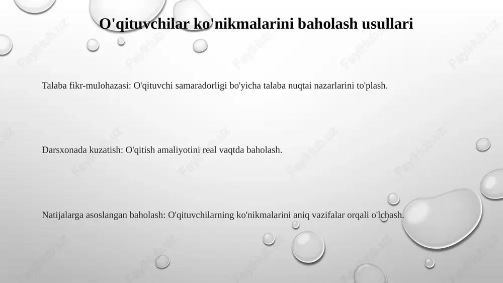 imga ko'tarish to'g'risida qaror qabul qilishga va sifatli ta'limni ta'minlashga yordam beradi. kuchli tomonlarni va yaxshilanishga muhtoj sohalarni aniqlash orqali samarali o'qitish va o'rganishni ta'minlaydi. professional rivojlanish, maqsadli ta'lim va shaxsiylashtirilgan qo'llab-quvvatlash bo'yicha tushunchalarni beradi. baholash natijalarini talqin qilish o'qituvchilarni ishga olish, saqlab qolish va lavozimini ko'tarish haqidagi qarorlarga yo'naltirish. o'qituvchilik amaliyotini yaxshilash uchun professional rivojlanish va qo'llab-quvvatlash strategiyasini xabardor qilish. o'qituvchilarning bilim, ko'nikma va kompetensiyalarida kuchli va zaif tomonlarni aniqlash. o'qituvchi malakalarini baholash usullari natijalarga asoslangan baholash: sinfda o'qituvchilarni kuzatish, dars rejalarini tahlil qilish va o'quvchilarning ishlarini baholash. portfolio baholari: o'qituvchining professional rivojlanishini aks ettiruvchi dalillarni to'plash, shu jumladan dars rejalarini, o'quvchilarning ishlari namunalarini va o'zlashtirish jurnallarini. talabalar, ota-onalar va hamkasblardan fikr-mulohazalar to'plash orqali o'qituvchi samaradorligini baholash uchun so'rovnomalar va anketalar. e'tiboringiz uchun rahmat image1.png image2.png