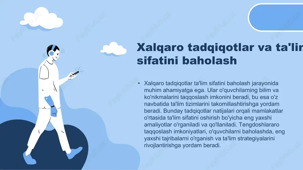 ni bermasligi mumkin. norasmi o'lchovlar norasmi o'lchovlar, nazoratlar, loyiha ishlari va o'z-o'zini baholashni o'z ichiga oladi. ushbu usullar o'quvchilarning ijodiy fikrlashini va o'z bilimini baholashda yordam beradi. biroq, ularning natijalari subyektiv bo'lishi mumkin va har doim aniq o'lchovlar taqdim etmaydi. oʻquvchilarning bilim ko'nikmalarini baholash metodologiyalari baholash metodologiyalari uchta asosiy o'lchov turiga bo'linadi: kognitiv, afektiv va psikomotor. kognitiv o'lchovlar bilim va tushunchalarni baholasa, afektiv o'lchovlar his-tuyg'ular va motivatsiyani o'lchaydi. psikomotor o'lchovlar esa amaliy ko'nikmalarni baholashda ishlatiladi, masalan, qo'l harakatlari va jismoniy faoliyat. o'lchov natijalarining ta'lim jarayonidagi ahamiyati o'lchov natijalari ta'lim jarayonida muhim ahamiyatga ega, chunki ular o'quvchilarning bilim darajasini aniqlash imkonini beradi. bu natijalar o'qituvchilarga ta'lim strategiyalarini optimallashtirishda yordam beradi va o'quvchilarning rivojlanishidagi zaif joylarni aniqlashga xizmat qiladi. ta'lim sifatini yaxshilashning ahamiyati ta'lim sifatini yaxshilash kelajakda o'quvchilarning bilim ko'nikma va malakalarini oshirishda muhimdir. xalqaro tadqiqotlar asosida ta'lim sifatini baholash o'quvchilarning o'zlashtirish jarayonini yanada samarali qilish imkonini beradi. o'quvchilarni samarali tayyorlash uchun, …
