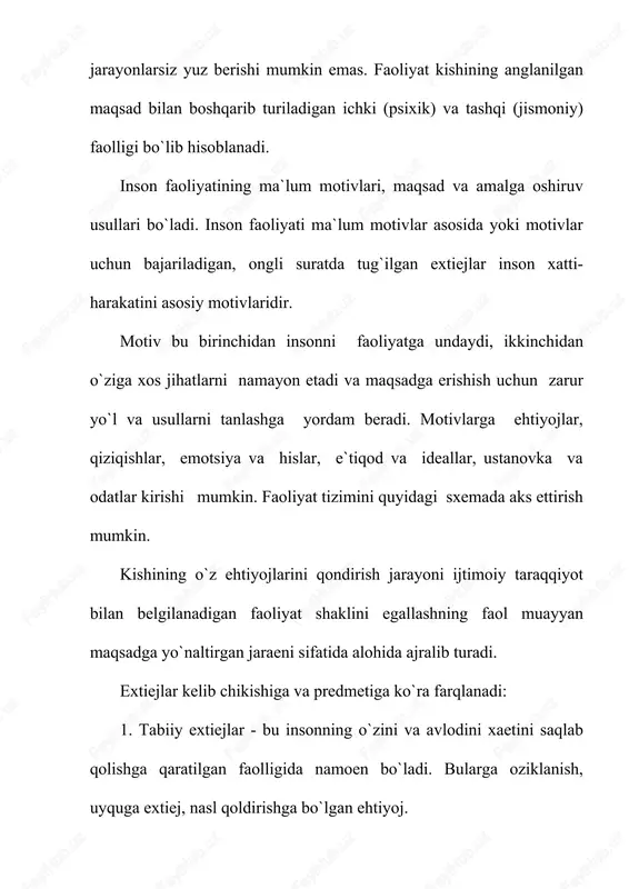 riga qarab hamda ijtimoiy xarakteriga ega bo`lishiga qarab farqlanadi. anglash darajasiga qarab esa anglangan qiziqishlar ishonch intilish xavas ideal kabi va anglamagan, mayl, ishqibozliklar bo`lishi mumkin. odam qandaydir motivlar asosida ma`lum bir faoliyatga kirishar ekan, ko`zlangan maqsadga erishmaguncha harakat kilaveradi. maqsadga erishilganligidan so`ng faoliyat tugallanadi. maqsad bu odamning biron ishni bajara turib nimagadir intilishidir. faoliyat maqsadi deganda biz ana shu faoliyat oxirida qo`lga kiritiladigan natijani tushunamiz. faoliyat voqelikka nisbatan faol munosabat bildirishning shunday shaklidirki, u orqali tabiatga, narsalarga, boshqa kishilarga ta`sir ko`rsatadi. fiziologlar k.anoxin, n.a.bernshteyn, u.a.asratyanlarning tadqiqotlari muskullarining ishi bevosita sa`i harakat vazifalari bilangina emas, balki hamisha sa`i harakat ruy berayotgan shart sharoitlar bilan ham boshqarilishini ko`rsatadi. sa`yi harakatlarning bajarilishi uzliksiz ravishda nazorat qilib va uning natijalari harakatining maqsadi bilan taqqoslangan holda to`g`irlab boriladi. sa`yi harakatlarni boshqarish teskari aloqaga binoan amalga oshiriladi. sezgi a`zolari ana shunday aloqa vositasi, narsalar va sa`i harakatlarning muayyan idrok etiladigan va harakat mo`ljallari, belgilari axborot …