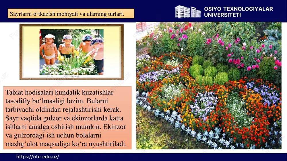 ’xshashlarni ko’rsatishdan foydalanadi. boshqa mashg’ulotlarda esa bilimlar aniqlanadi, kengaytiriladi va chuqurlashtiriladi. maktabgacha yoshdagi bolalarni tabiat bilan tanishtirishga qo‘yiladigan davlat talablari. mashg’ulotlarda bu xildagi suhbatlar, didaktik o’yinlar, umumlashtiruvchi so’zlardan, bolalarning tabiatdagi mehnatidan foydalaniladi. barcha guruhlarda mashg’ulotlarga qo’shimcha sifatida maqsadli sayrlar o’tkaziladi. maktabgacha yoshdagi bolalarni tabiat bilan tanishtirishga qo‘yiladigan davlat talablari. topshiriq keltirilgan misollarni bosh harfini olib ulardan yashiringan so’zni toping? topshiriq keltirilgan misollarni bosh harfini olib ulardan yashiringan so’zni toping? topshiriq keltirilgan misollarni bosh harfini olib ulardan yashiringan so’zni toping? harflarni o’rnini almashtirib yashiringan so’zni toping? rays harflarni o’rnini almashtirib yashiringan so’zni toping? nizorek harflarni o’rnini almashtirib yashiringan so’zni toping? keksusayri harflarni o’rnini almashtirib yashiringan so’zni toping? zokirnegaxzil uyga vazifa: mudira va tarbiyachilarni ilg’or ish tajribalarini o’rganish va ma’lumotlar to’plash. e’tiboringiz uchun rahmat! image2.png image3.png image4.png image5.png image6.png image7.png image8.png image9.png image10.png image11.png image12.png image13.png image14.png image15.png image16.png image17.png image18.png image19.png image20.png image21.png image22.png image23.png image24.png image25.png image26.png image27.png image28.png image29.png …