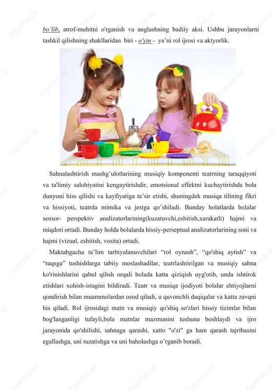 ssiyotlarni o'yin mahorati orqali mujassamlashtiradi, yangi obrazlarni yaratishga va fikrlashga undaydi .teatr bolaning hissiy dunyosiga katta ta'sir ko'rsata oladi. bugungi kunda bolalarda diqqat va nutq, ixtiyoriy xatti-xarakatlari, xotirasining yetarlicha rivojlanmagani koplab ota-onalar, psoxologlar va tarbiyachilarni o’ylantirmoqda. bola tilidan bayon etish, fantaziyalash,o’ynash orqali- bolaning qisiqligini yechish, erkin emotsional bo’lishining eng qisqa yolidir. bu barcha ishlarni sahnalashtirish yordamida bajarish mumkin. shunday qilib, bevosita sahnalashtirish faoliyatida bolaning teatrlarga borishi, bolalar spektakli va namoyishlarini tomosha qilibgina qolmasdan teatrlashtirilgan faoliyatda ishtirok etishi, teatrlashtirilgan to’garaklarga va mashg’ulotlarga borishini tavsiya qiladi. maktabgacha ta’lim muassasalarida bolaning ijodiy qobiliyatini rivojlantirishda bugungi kunda ko’plab rivojlantiruvchi dasturlar yaratilmoqda.ular bunday holatlarni o’zlashtirish uchun aniq mazmunga ega, o’quv materialini o’z ichiga oladi: · bolalar oddiy musiqiy-sahnaviy bilimlarini ifodalay olishi (improvizatsiya, fantaziya, etyud) va aktyorlik mahorati vositasi orqali yonalishni olish. · maxsuldorlik faoliyatda ushbu bilimlarni rivojlantirsh va mustaxkamlash, aynan musiqiy- teatrlashtirilgan namoyishlarda amalga oshadi. · teatr san’atining paydo bo’lishi va tashkil topishi, shuningdek musiqiy …