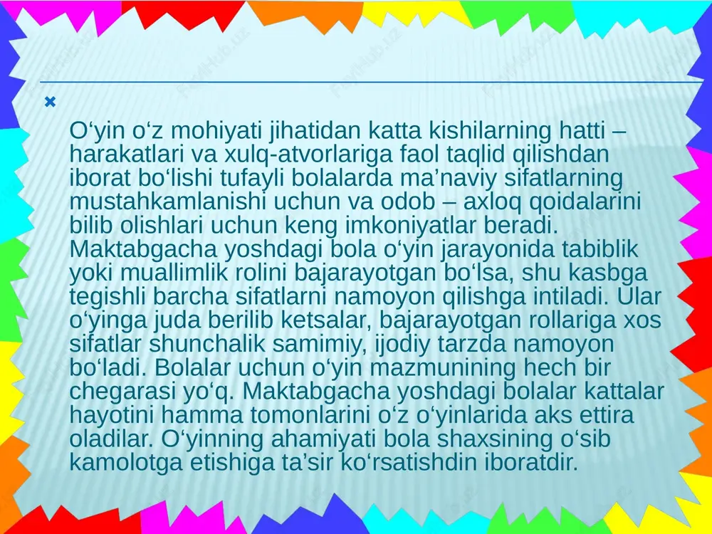 di. bolalar aks ettirayotgan muq it q ancqalik keng va xilma -xil bo`lsa, bolalar o`yinining syujeti q am squncqalik keng va xilma - xil bo`ladi. ana squning ucqun o`z - o`zidan ma'lumki, kicqik boq cqa yosqdagi bolalar o`yinlarining syujeti niq oyatda tor bo`ladi. d.b.elkonin harakatli o‘yinning qoidalari mazmuni o‘zaro bog‘liqligidan kelib chiqib ularni besh guruhga ajratadi: 1) harakatga taqlid qilish; 2) muayyan syujetni drammalashtirilgan o‘yinlar; 3) syujeti oddiy o‘yinlar; 4) syujetsiz qoidali o‘yinlar; 5) aniq maqsadga qaratilgan mashqlardan iborat sport o‘yinlari. o'yin nima? o'yin insoniyat madaniyatidagi muhim hodisalardan biridir. o'yin insonning biologik, ijtimoiy va ma'naviy rivojlanishiga ta'sir qiladi. inson o'yinlari samarali mehnat faoliyatidan ajralgan va odamlar o'rtasidagi munosabatlarning takrorlanishini ifodalovchi faoliyat sifatida yuzaga keladi. "o'yin" so'zi " o'yin" tushunchasi odatda turli xalqlarda bir oz farq qiladi. shunday qilib, qadimgi yunonlar orasida "o'yin" so'zi bolalarga xos bo'lgan xatti-harakatlarni anglatardi va asosan biz hozir "bolalikka berilish" deb ataydigan narsani ifodalaydi. yahudiylar orasida …