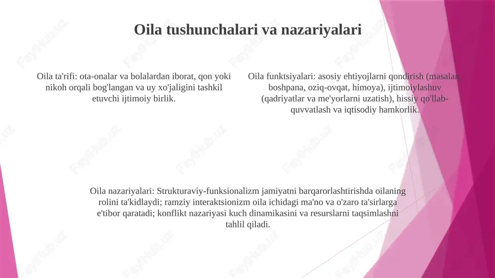 la va uning asosiy funksiyalari- bolalarning ijtimoiylashuvi va ijtimoiy ko'nikmalarini rivojlantirish.- madaniy uzatish va saqlash.- ifoda qilish usuli.- bolalarning qadriyatlari va e'tiqodlariga ta'sir qiladi. qariyalar va nogironlarga g'amxo'rlik qilish 1. keksalarni parvarish qilish: cho'milish, kiyinish, ovqatlanish va dori-darmonlarni boshqarish kabi kundalik ishlarda yordam berish. 2. nogironlarga g'amxo'rlik: jismoniy, kognitiv yoki rivojlanish nogironligi bo'lgan shaxslarni qo'llab-quvvatlash, shu jumladan harakatga yordam berish, muloqotni osonlashtirish va ijtimoiy inklyuziya. 3. oila va jamiyatning asosiy vazifalari: keksalar va nogironlar uchun hissiy qo‘llab-quvvatlash, hamrohlik, amaliy yordam ko‘rsatish va himoya qilish, ularning farovonligi va hayot sifatini ta’minlash. ijtimoiy nazorat va muvofiqlik muvofiqlik- ijtimoiy bosim va qabul qilish istagi ta'sirida bo'lgan guruh me'yorlariga muvofiq xulq-atvor.- asch tajribasi guruhning individual mulohazaga ta'siri kuchini ko'rsatdi. ijtimoiy nazorat- ijtimoiy tartib va ​​hamjihatlikni saqlash uchun ijtimoiy normalar va qadriyatlarni amalga oshiradi.- rasmiy mexanizmlarni (masalan, qonunlar, politsiya) yoki norasmiy mexanizmlarni (masalan, ijtimoiy norozilik) o'z ichiga olishi mumkin. oila va ta'limning asosiy vazifalari- shaxslarni …
