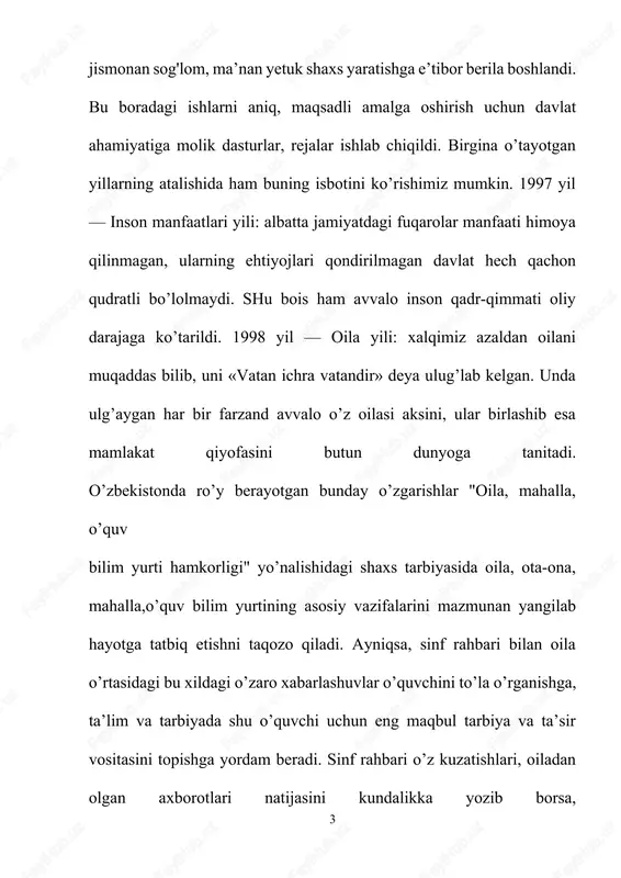 monidan ta’lim-tarbiya jarayonda amalga oshiriladi. tarbiya va ta’limning mazmuni, vositalari, metodlari, bolaning rivojlanish jarayoni ularning yoshi bilan izohlanadi. jumladan, kichik yoshdagi bolalar bilan ish olib borilganda ularning mustaqil hayotga butunlay moslashmaganligi hisobga olinadi. keyingi yosh guruhlarda maktabgacha yoshdagi bolaning mustaqilligi, moslashishi ancha oshib boradi. shunga muvofiq tarzda ta’lim-tarbiyaviy ishlarning vazifalari, mazmuni, vositalari o’zgaradi. bolalarning maktabgacha yoshning oxiriga borib erishgan rivojlanish darajasi ular bilan olib boriladigan ta’lim-tarbiya ishini murakkablashtirish imkonini beradi.ijtimoiy-tarixiy tajribani o’zlashtirish faol ish jarayonida yuz beradi. faollik bolaga xos xususiyatdir. tarbiya jarayonidagi faollik asosida faoliyatning har xir turlari shakllanadi. ulardan asosiylari: munosabatda bo’lish faoliyati, bilish, buyumlar bilan bo’ladigan faoliyat, o’yin, oddiy mehnat va o’quv faoliyatlaridir. ta’lim-tarbiya orqali amalga oshiriladigan faoliyatlarni maktabgacha yoshdagi bolalar birdaniga o’zlashtirib olmaydigan, ularni bolalar tarbiyachi rahbarligida sekin-asta egallab boradilar. bolalar hayotining birinchi yilidanoq faoliyatning eng oddiy turlari undagi shaxsiy qobiliyatlar, xususiyatlar, tevarak-atrofga ma’lum bir munosabatning shakllanida asos bo’lib xizmat qiladi. m: kattalarning bolalar bilan bo’ladigan …