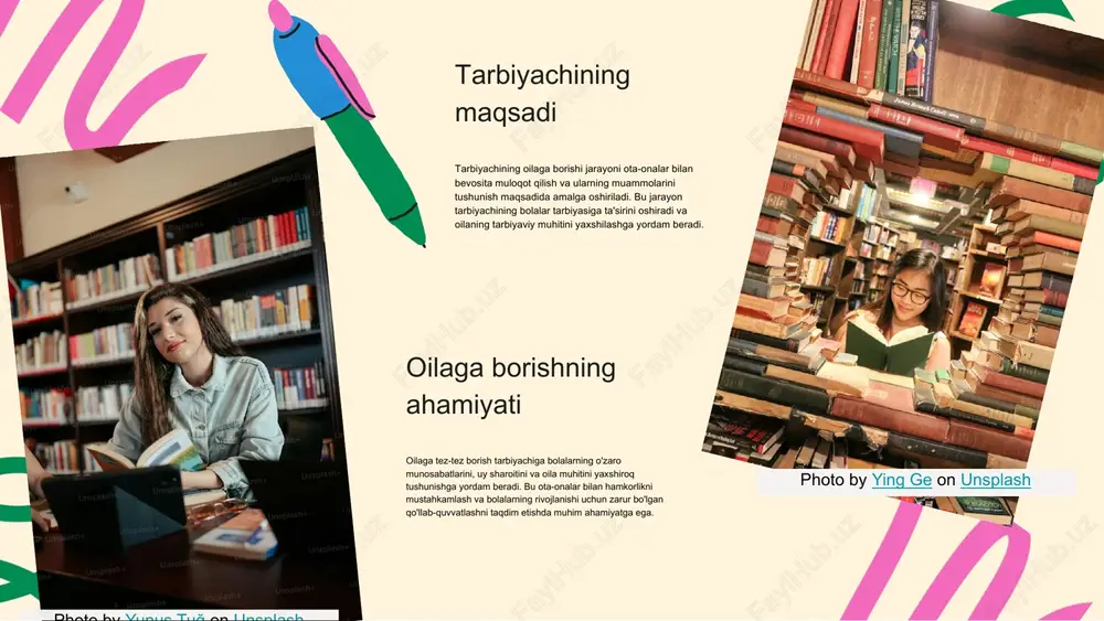 va rejalari aniq bo'lishi kerak. tashrif jarayonida e'tibor berish kerak bo'lgan jihatlar: - oila muhitining ijtimoiy-iqtisodiy holatini baholash. - ota-onalar bilan o'zaro muloqot o'rnatish. tashrifdan keyingi faoliyat: - ota-onalar bilan aloqani davom ettirish. - oila va tarbiyachi o'rtasida aloqa o'rnatish. photo by brad neathery on unsplash oila va tarbiyachining o'zaro aloqasi photo by vinh tran on unsplash photo by rebeca alvidrez on unsplash tarbiyachining oilaga borish jarayoni tarbiyachining oilaga borish jarayoni quyidagi qadamlar va muhim jihatlarni o'z ichiga oladi: 1. qadamlar: - oila bilan aloqa o'rnatish: tarbiyachi oilani oldindan xabardor qilishi va ularning tarbiyaga bo'lgan munosabatini tushunishi zarur. - tashrif: tarbiyachi oilaga tashrif buyuradi, bu jarayonda ochiq va samimiy muloqot o'rnatish muhimdir. - natijalarni tahlil qilish: tashrif davomida olingan ma'lumotlarni tahlil qilib, oilaga qo'shimcha yordam ko'rsatish zarurligini aniqlash. 2. muhim jihatlar: - oila bilan doimiy aloqani saqlash: tarbiyachi, oila bilan ishonchli va samimiy munosabatni rivojlantirishga harakat qilishi lozim. - hamkorlik: …