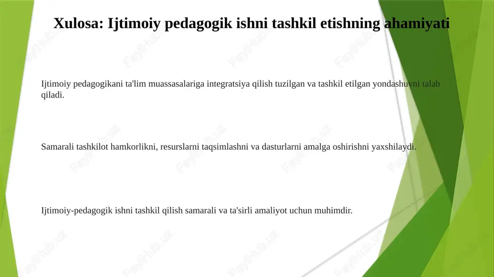 ivojlantirish, o'z-o'zini samarali his qilish va mustaqillikni targ'ib qilish, shuningdek, talabalarni murakkab ijtimoiy muhitda harakatlanish ko'nikmalari bilan ta'minlash kabi asosiy jihatlar. ijtimoiy pedagogikani o'quv dasturiga integratsiya qilish o'quv tajribalarini har tomonlama rivojlanish maqsadlariga moslashtirishni, ijtimoiy ko'nikmalarni rivojlantirishni va faol fuqarolikni targ'ib qilishni o'z ichiga oladi. ta'lim muassasalarida ijtimoiy-pedagogik ishlarni tashkil qilish qo'llab-quvvatlovchi muhit yaratish, hamkorlik aloqalarini qurish va farovonlikni va ijtimoiy ishtirokni rag'batlantiruvchi tuzilmalarni joriy etishni talab qiladi. inklyuziv va teng huquqli muhitlarni rivojlantirish ta'lim muassasalarida ijtimoiy-pedagogik ishni tashkil qilish o'qituvchilar, oilalar va jamoatchilik a'zolari o'rtasidagi hamkorlikni talab qiladi. har bir o'quvchining ehtiyojlarini qondirish orqali ularning farovonligi va rivojlanishini rag'batlantirishga qaratilgan yondashuv. barcha o'quvchilar o'zlarini xush kelibsiz va o'rganish uchun qo'llab-quvvatlanishini ta'minlash uchun inklyuziv va adolatli muhit yaratish muhim. eng yaxshi amaliyotlar va resurslarni baham ko'rish maktablarda ijtimoiy-pedagogik amaliyotlarni tashkil qilish va amalga oshirish uchun tuzilgan ramkalarni ishlab chiqish. ijtimoiy pedagogik yondashuvlarni yaxshilash uchun muassasalar o'rtasida eng yaxshi amaliyotlar va …