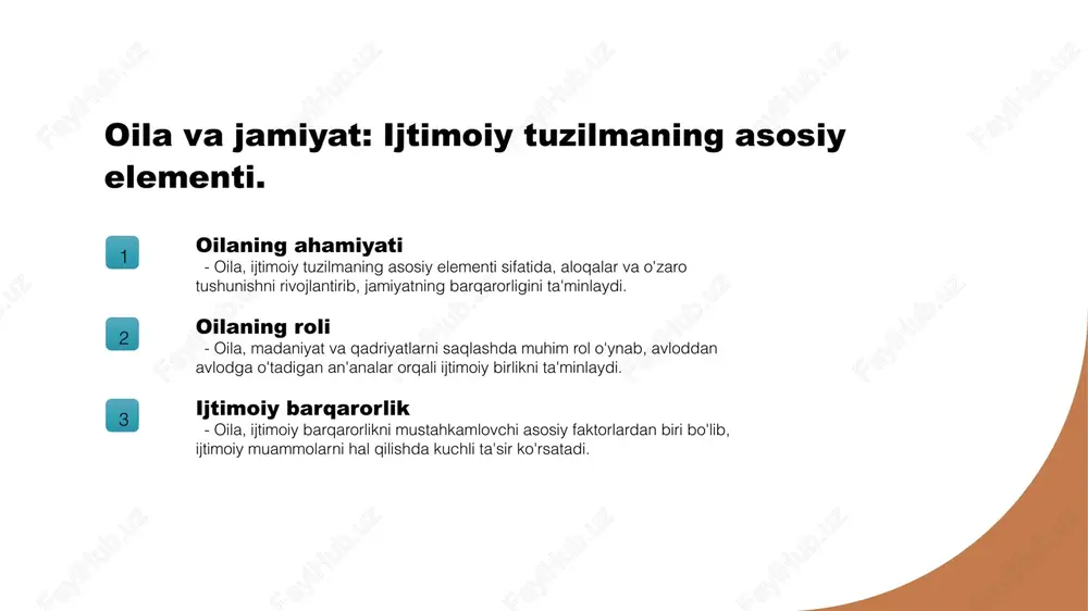 alar va qadriyatlar o'rtasidagi bog'lanish. 1 oila va an'analar - oila, an'anaviy qadriyatlarni saqlovchi muhim omil hisoblanadi. oila ichida o'zaro hurmat va qadriyatlar avloddan avlodga o'tadi. 2 madaniyat va oila - oila, madaniyatni shakllantiruvchi asosiy struktura sifatida, mahalliy an'analar va urf-odatlarni saqlashda muhim rol o'ynaydi. 3 qadriyatlarning o'rni - oila ichidagi qadriyatlar, jamiyatda ijtimoiy barqarorlik va hamjihatlikni ta'minlaydi. bu qadriyatlar yosh avlodga o'rgatiladi. 4 oila va meros - oila, madaniy merosni saqlashda faol ishtirok etadi. an'anaviy san'at va urf-odatlar oila orqali avlodlarga yetkaziladi. ta'lim tizimida oila roli: ota-onalar va o'qituvchilar hamkorligi. ota-onalar roli o'qituvchilar bilan hamkorlik ta'limdagi ijtimoiy ta'sir ota-onalar, bolalarning ta'limida muhim rol o'ynaydi. ular tarbiyalash, bilim olishga qiziqish uyg'otish va axloqiy qadriyatlarni o'rgatishda yetakchidirlar. ota-onalar va o'qituvchilar o'rtasidagi hamkorlik, ta'lim jarayonini yanada samarali qiladi. fikr almashish va maqsadlarni birlashtirish, bolalarning muvaffaqiyatini oshiradi. oila va o'qituvchilar o'rtasidagi hamkorlik, jamiyatning ijtimoiy barqarorligini ta'minlaydi. bu, bolalarga ijtimoiy muhitda muvaffaqiyatli bo'lish uchun …