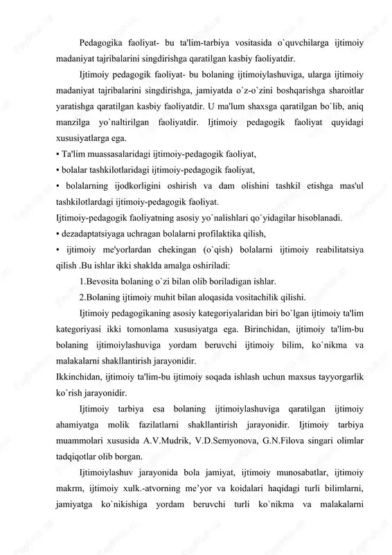 shaxsining ijtimoiylashuv jarayonida ota-onalar, qarindoshlar, ular bilan ishlayotgan mutaxasislarning (psixolog, shifokor, pedagog va shu kabilar) ta’siri katta bo`lib, bolalarni, hayotda zarur ijtimoiy bilimlarni ertaroq; va yaxshiroq; o`zlashtirishlari, ularni hayotda qo`llashga intilishlari aynan ularga bog`liqdir. buning ijtimoiy pedagogika bilan bog`liqligi shundaki, maktab yoki boshqa ta’lim muassasida ta’lim olish jarayonida bola, avvalo, akademik bilimlarni o`zlashtiradi. biroq shu bilan bir vaqtda unda muayyan tizimlashgan ijtimoiy bilim, ko`nikma va malakalar shakllanadi. bu bilim, ko`nikma va malakalar ijtimoiylashuv jarayonida — bolaga maxsus yordam kerak bo`lganda — juda zarur bo`ladi. bolaning ijtimoiylashuviga yordam beradigan ijtimoiy bilimlarni yetkazish, ijtimoiy ko`nikma va malakalarni shakllantirish jarayoni ijtimoiy ta’lim deyiladi tarbiya va ijtimoiy tarbiya. tarbiya pedagogikaning asosiy ob’ekti sifatida pedagogikaning rivojlanish tarixi mobaynida olimlarning diqqat markazida bo`lib kelgan. shu bilan birga, “tarbiya” tushunchasining mazmuni amaliy ahamiyatga ega. pedagogika va ijtimoiy pedagogika mezonlari. fan bilimlar tizimi, uning tushunchalari va mezonlarida aks etadi. tushunchalar-mavjud dunyoni idrok etish jarayonidagi aks etilishi shakllaridan biri. …