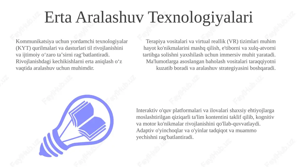 ovalari bolaning taraqqiyoti va o'rganish uslubiga qarab o'quv yo'llarini shaxsiylashtirib, qiyinchilik va mazmunni real vaqtda moslashtiradi. inklyuziv dizayn printsiplari sodda va intuitiv foydalanish: murakkablik va kognitiv yukni minimallashtirish. dizayn barcha uchun tushunarli va foydalanishga qulay bo'lishi kerak. adolatli foydalanish: barcha foydalanuvchilar o'z qobiliyatlaridan qat'iy nazar dizayndan foydalanishlari mumkin. turli ehtiyojlarni inobatga oling va taxminlardan qoching. qo'llanishdagi moslashuvchanlik: tanlov va imkoniyatlarni taqdim eting. turli o'rganish uslublari va afzalliklarini inobatga oling. ko'nikmalarni o'rgatishda o'yinlashtirish ar/vr texnologiyalari ko'nikmalarni mashq qilish uchun immersiv muhit yaratib, o'rganishni qiziqarli va samaraliroq qiladi. sun'iy intellektli moslashuvchan o'rganish tizimlari shaxsiy taraqqiyot va ehtiyojlarga qarab qiyinchilikni sozlab, o'rganish tajribasini shaxsiylashtiradi. o'yinlashtirilgan o'quv platformalari bolalarda qiziqish va ko'nikmalarni oshirish uchun interaktiv vazifalar va mukofotlardan foydalanadi. moslashuvchan o'rganish platformalari o'yinlashtirilgan elementlar va interaktiv kontent jalb qilish va motivatsiyani oshirib, ijobiy o'rganish tajribasini rivojlantiradi. sun'iy intellektli baholash vositalari taraqqiyotni doimiy kuzatib boradi, kuchli va kuchsiz tomonlarni aniqlab, maqsadli aralashuvlarni amalga oshiradi. shaxsiylashtirilgan …