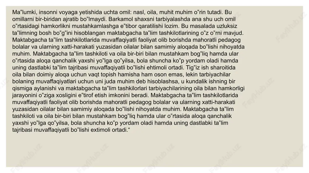 namoyish qilish, ochiq eshiklar kuni, pedagogik axborot stendlari, ota-onalar uchun kutubxona oilaviy tarbiyaning barcha masalari bo'yicha materiallar solingan papka. - ota-onaga pedagogik ta'lim berish va boshqalarni ko'rsatishi mumkin.[1] mtt ota-onalar bilan hamkorlik. bolaning har tomonlama rivojlanishini ta’minlash uchun maktabgacha ta’lim muassasasi ota-onalar bilan o‘zaro hamkorlikning quyidagi shakllarini tashkil qilishi mumkin: -ota-onalarning maktabgacha ta’lim muassasasi borasidagi fikrlarini hisobga olish; - ilk rivojlanish masalalarida ota-onalarga bilim berish; - ota-onalarni o‘quv-tarbiyaviy jarayonda faol qatnashishga jalb etish; - ota-onalarning muassasa hayotida ishtirok etish borasidagi tashabbuslarini qo‘llab-quvvatlash mumkin.[2] bolalar maktabgacha ta`lim tashkilotiga kelgunga qadar oilada bola madaniyatni muhim va eng zarur ko‘nikmalarni dastlabki belgilar o‘rganadi. hozirgi paytda bazi ota-onalar bolaga bolgan etibor kuchli deb bilishadi, lekin hayolidagi kuchli etiborni bolada aks etmaydi. ota-ona mttga bilan birgalikda ishlamasligi ular oz bolalariga bolagan be`etiborliklari hozirgi kuning dolzalb muammolaridan biri hisoblanadi. ota-onalar tarbiyachi bilan uzliksiz aloqada bolishi,bolalarini imkonyatlari,talab-ehtiyojlari va qiziqishlarni baholashda,maktabga tayyorliklari bilan qiziqishi kerak. ota-onalar bilan ishlashda …