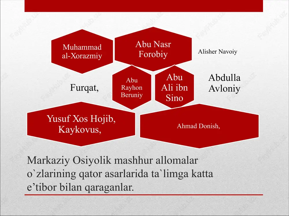 r oldida turgan olijanob vazifadir-deydi. a. jomiy yomon xulqli kishilarni qattiq tanqid ostiga oladi, ularni eng yaramas pastkash kishilar qatoriga qo’shadi va yoshlarni bunday kishilar bilan suhbat qilmaslikka chaqiradi abdurahmon jomiy yoshlarni faqat bilim va hunar egallashi bilan chegaralanib qolmasdan, balki hayotda yurish-turishda, boshqa kishilar bilan munosabatda, o’zaro muomalada, axloq normalariga amal qilishni va yoshlikdan yaxshi malakalarni kasb qilishga harakat qilishi kerakligini uqtiradi. mustaqillik yillarida maktabgacha ta’lim va uning zamonaviy qiyofasi. respublikada 4916 ta maktabgacha ta’lim muassasalari mavjud bo‘lib, ularda 689 ming nafardan ortiq bolalar tarbiyalanmoqda. shundan 194 tasi nodavlat maktabgacha ta’lim muassasalari bo‘lib, ularda 5715 nafar bolalar tarbiyalanoqda. e’tiboringiz uchun raxmat image2.jpeg /docprops/thumbnail.jpeg