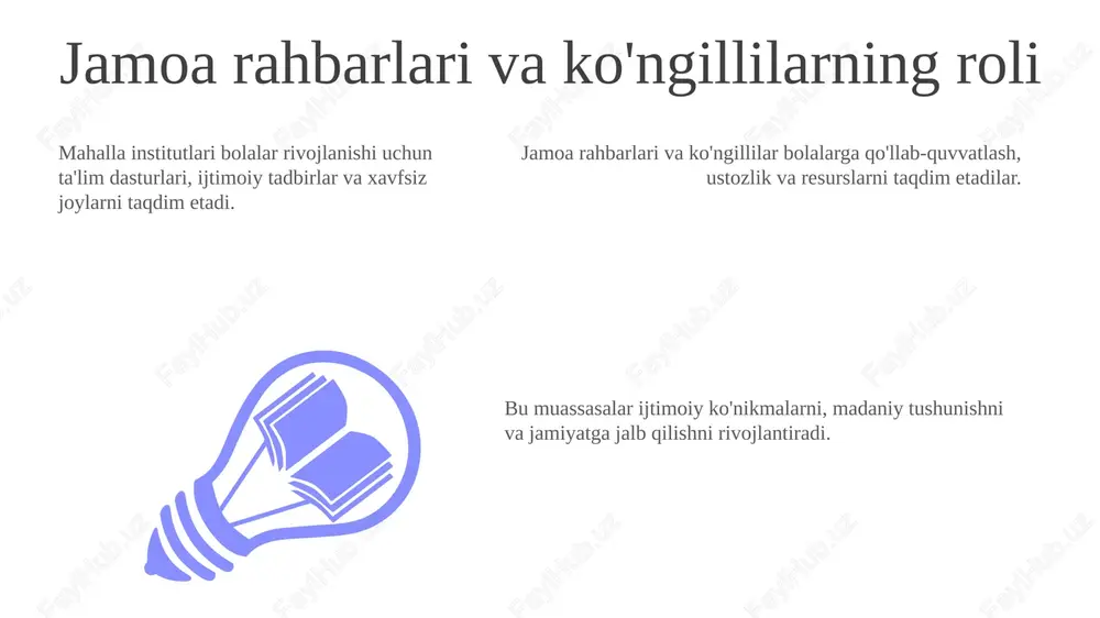 i ta'minlash uchun qo'llab-quvvatlash va yo'l-yo'riq beradi. mahalla instituti bolalar uchun sog'lom ovqatlanish odatlarini targ'ib qilish va zaruriy tibbiy xizmatlarga kirish imkoniyatini ta'minlashda muhim rol o'ynaydi. bolalar rivojlanishi: institut bolalarning o'sishi va rivojlanishi uchun xavfsiz va mehrli muhit yaratadi, ta'lim dasturlari, o'yin faoliyatlari va ijtimoiy aloqa imkoniyatlarini taqdim etadi. ota-ona ishtiroki va qo'llab-quvvatlashi add text add text add text add text add text add text mahalla instituti ota-onalarni seminarlar va jamoat tadbirlari orqali jalb qilishni va qo'llab-quvvatlashni rag'batlantiradi. institut ota-onalarga resurslar va yo'l-yo'riqlarni taqdim etib, bolaning rivojlanishi uchun qo'llab-quvvatlovchi tarmoq yaratadi. ota-onalar tarbiya ko'nikmalarini, bolaning rivojlanishini va bolalari ta'limini samarali qo'llab-quvvatlashni o'rganadilar. kelajakdagi yo'nalishlar va tavsiyalar 01 02 03 mahalla instituti bolalar rivojini targ'ib qilishdagi sa'y-harakatlarini qo'llab-quvvatlash uchun hukumat tomonidan moliyalashtirish va resurslarni ko'paytirishni himoya qiling. bolalar rivojlanishi uchun keng qamrovli qo'llab-quvvatlash tarmog'ini yaratish maqsadida oilalar va jamoat tashkilotlari bilan hamkorlikni kuchaytirish. bolalar rivojlanishi bo'yicha bilimlarini va ko'nikmalarini oshirish maqsadida …