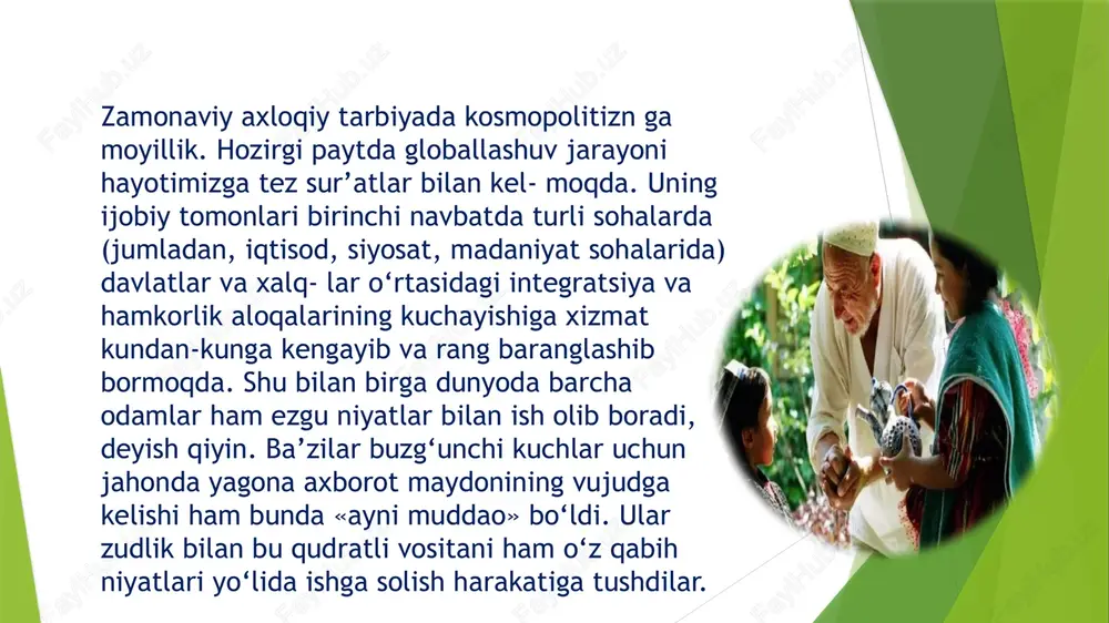 ni hal etish, oromnomlikni bilib olish, kulgu va ommaviy jiddiylikning oʻsishi hamda insonlarning xalqaro hamkorlik va muhabbatni rag’batlantishlarini kuchaytirishda muhim rol oʻynaydi. kosmopolitizmga moyillik medeniya va tarixiy o’sishlar bilan bog’liqdir. ayniqsa, globalizatsiya, kommunikatsiya vositalaridagi rivojlanish va dunyo bo’ylab o’zaro bog’liqliklarning o’sishi bilan bu tushuncha kuchaydi. kosmopolit xizmatkorlar, hududlararo hamkorlik va insonlarning o’zaro munosabatlari orqali global muammolarni hal etishga intiladi. bolaning ma’naviy va axloqiy rivojlanishiga oilaning hal qiluvchi ta’siri. bugungi kunda ular ko’cha va ommaviy axborot vositalarining bolasiga salbiy ta’siri haqida qancha gapirishmasin, shunga qaramay, sotsiologik tadqiqotlar shuni ko’rsatadiki, oilaning ta’siri boshqa omillar ta’siridan (oilaning rivojlanishiga ta’siri) kuchliroqdir. bola 40 foiz; ommaviy axborot vositalari – 30 foiz; maktablar – 20 foiz; ko’chalar – 10 foiz). garchi, albatta, bu erda ikkita muhim holatni hisobga olish kerak: birinchidan, oilaning imkoniyatlari ob’ektiv ravishda cheklangan; ikkinchidan, zamonaviy oila, bir qator sabablarga ko’ra, ko’pincha bolaga ijobiy ta’sir ko’rsatishning pedagogik salohiyatini amalga oshira olmaydi. ma’naviy-axloqiy tarbiya vazifasi …