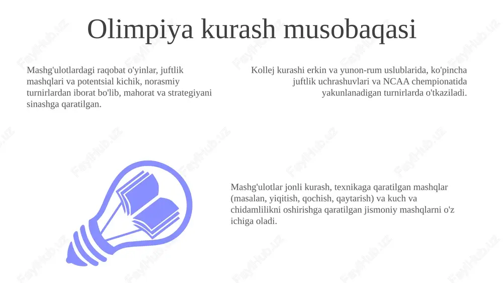 blaridagi mahoratni sinash uchun o'tkazilishi mumkin. judo kurash integratsiyasi jonli kurash, sparring va turnirlar musobaqa bosimini taqlid qiladi. kurashga qo'shilgan dzyudo tashlanishlari hujumning ko'p qirraliligini oshiradi. erkin, yunon-rum va xalq kurashi mashqlari o'ziga xos ko'nikmalarni rivojlantiradi. yuqori maktab kurash musobaqasi yuqori maktab kurash musobaqalari odatda erkin va yunon-rum uslublarini o'z ichiga olib, liga va shtat chempionatlari bilan yakunlanadi. jamoa ichidagi mashg'ulotlar va musobaqalar rasmiy tadbirlar oldidan ko'nikmalarni va strategiyani sinovdan o'tkazish imkoniyatini beradi. mashg'ulotlar jonli kurash, aniq texnikalarga (masalan, yiqitish, qochish) qaratilgan mashqlar va kuch-chidamni oshirish uchun jismoniy mashqlarni o'z ichiga oladi. plyaj kurashi mashg'uloti mashg'ulotlardagi musobaqalar sparring, kichik turnirlar va do'stona musobaqalarni o'z ichiga olishi mumkin. plyaj kurashi mashgʻulotlari kuch, chaqqonlik va plyaj kurashining oʻziga xos usullarini oʻrgatish uchun qumda mashqlarni oʻz ichiga oladi. erkin va yunon-rum kurashi bo'yicha mashg'ulotlar xilma-xil ko'nikmalarni shakllantirish va sportchilarni turli musobaqa uslublariga tayyorlashga qaratilgan. sambo kurashi integratsiyasi sambo bo'yicha musobaqalar sportchilarning mahoratini baholashda …