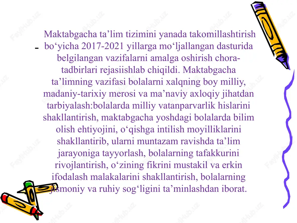 va mashq qildiriladi. hamma vaqt va hamma sharoitda yaxshi gapirish uchun nafaqat gapirishni bilish, balki omma oldida, notanish tinglovchilardan uyalmasdan gapira olishga odatlanish talab qilinadi. boy ichki dunyo egalari, nutqni mukammal egallagan, ammo shu qadar uyatchan, o’ziga ishonmaydigan, omma oldida nutq so’zlashga odatlanmagan kishilar uchraydiki, ikki-uchta notanish kishining borligi ularning lom-mim deyolmay qolishiga sabab bo’ladi. bunga qarshi kurashish, bolalarda o’zi va o’z kuchiga ishonchni rivojlantirish zarur. omma oldida nutq so’zlash odatini insonda kichik yoshdan notanish auditoriya oldida nutq so’zlashga o’rgatish yo’li bilan shakllantirish mumkin. buni teatrlashtirilgan faoliyatda ajoyib tarzda amalga oshirish mumkin. sahnalashtirilgan o‘yinlar bolalar biror ertak yoki hikoya syujeti asosida ma’lum bir rolni bajarishiga, o‘yin jarayonidagi personajlarning aytadigan so‘zlarining yod olinishiga asoslangan bo‘lib, bolalarda iroda, intizom, o‘z harakatlarini boshqalarning harakatiga muvofiq amalga oshirish kabi sifatlarni tarbiyalashda samarali vosita sanaladi. sahnalashtirilgan o‘yinlarni tashkil etish quyidagi bosqichlarni o‘z ichiga qamrab oladi: i bosqich. sahnalashtirish uchun badiiy asarni tanlash. badiiy asarni tanlashda …