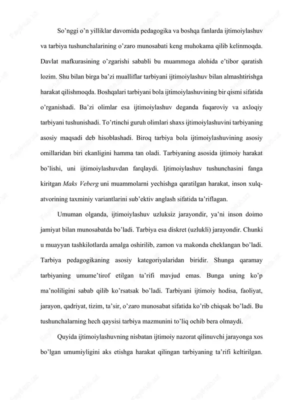 susiyatlariga mos keluvchi sharoitlar yaratuvchi insonning ongli rivojlanishi. bu ta’rif to’liq to’g’ri hisoblanmaydi. bu faqat muallifning nuqtai nazarini aks ettiradi. ijtimoiy omillarni insonga ta’sir ko’rsatishining tarkibiy qismi bo’lgan tarbiya o’z xususiyatlariga ega. bu jarayon boshqalaridan farqli ravishda doimo bir maqsad sari yo’naltirilgan va bu faoliyat maxsus tayyorlangan odamlar tomonidan amalga oshiriladi. tarbiya jarayonida bola ijtimoiylashuviga ta’sir qiluvchi boshqa omillar- muhit, oav, madaniyatlar inobatga olinadi. biroq shuni esda tutish lozimki, tarbiya boshqa ijtimoiy omillar ichida o’z o’rniga ega hamda boshqa omillarning o’rnini to’ldira olmaydi ham, bekor qila olmaydi ham. tarbiyaning bola rivojlanishiga ta’siri vaqt o’tgan sari o’zgaradi. bola qanchalik kichik bo’lsin, tarbiya uning shakllanishiga shuncha ko’p ta’sir ko’rsatadi. vaqt o’tgani sayin tarbiyaning hissasi kamayib boradi. bu vaqtda bolaning u yoki bu ijtimoiy qadriyatni tanlashdagi mustaqilligi ortadi. borgan sari tashqi tarbiyaviy omillarning ta’siri kamayadi. biroq boshqa bir jarayon-o’z-o’zini tarbiyalash jarayoni rivojlana boshlaydi. bolaning o’z shaxsini mukammallashtirish, o’z-o’zini rivojlantirish bo’yicha mustaqil faoliyatini anglashi …