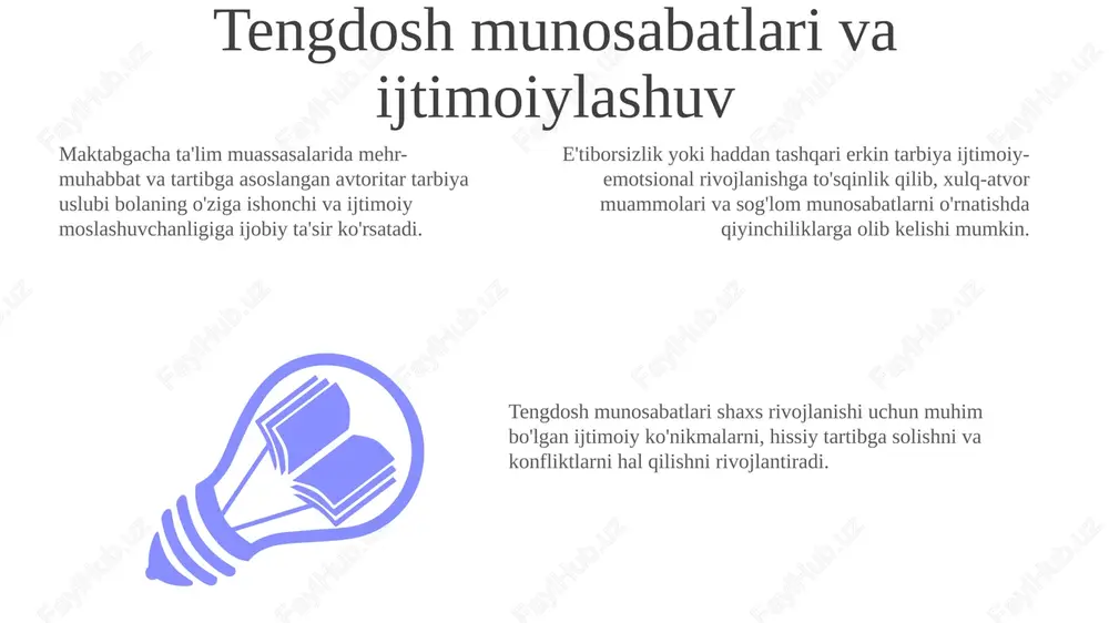 uvofiqligi yoki e'tiborsizlikka yo'liqishi hissiy tartibga solish, o'z-o'zini hurmat qilish va ijtimoiy ko'nikmalarga salbiy ta'sir ko'rsatib, xulq-atvor muammolari va shaxsiyat qiyinchiliklariga olib kelishi mumkin. tuzilgan va aniq talablarga e'tibor qaratadigan maktabgacha ta'lim muhiti o'z-o'zini tarbiyalash va ijtimoiy xulq-atvorni rivojlantirib, shaxsning ijobiy shakllanishiga hissa qo'shadi. o'quv rejasi va uning ta'siri o'quv dasturi bolaning bilim va ko'nikmalarini shakllantirib, uning kognitiv, ijtimoiy-emotsional va jismoniy rivojlanishiga sezilarli ta'sir ko'rsatadi. maktabgacha ta'lim muhiti o'yin orqali o'rganish, ijtimoiy aloqa va turli tajribalar orqali shaxsiyat rivojiga yordam beradi, bu esa uzoq muddatli emotsional farovonlik va xulq-atvorga ta'sir qiladi. maktabgacha ta'lim muassasalarida qo'llaniladigan avtoritar, avtoritativ, ruxsat beruvchi va befarq tarbiya uslublari bolalarning o'z-o'zini hurmat qilish, mustaqillik va ijtimoiy kompetensiyasiga turlicha ta'sir ko'rsatadi. maktabgacha yoshdagi bolalarni tarbiyalash turli tarbiya uslublari shaxsning mustaqilligi, o'z-o'zini boshqarishi, hissiy tartibga solishi va ijtimoiy kompetensiyasi kabi xususiyatlarini shakllantiradi va kelajakdagi rivojlanish uchun poydevor yaratadi. avtoritar, avtoritativ, ruxsatkor va befarq tarbiya uslublari maktabgacha yoshdagi bolalar …