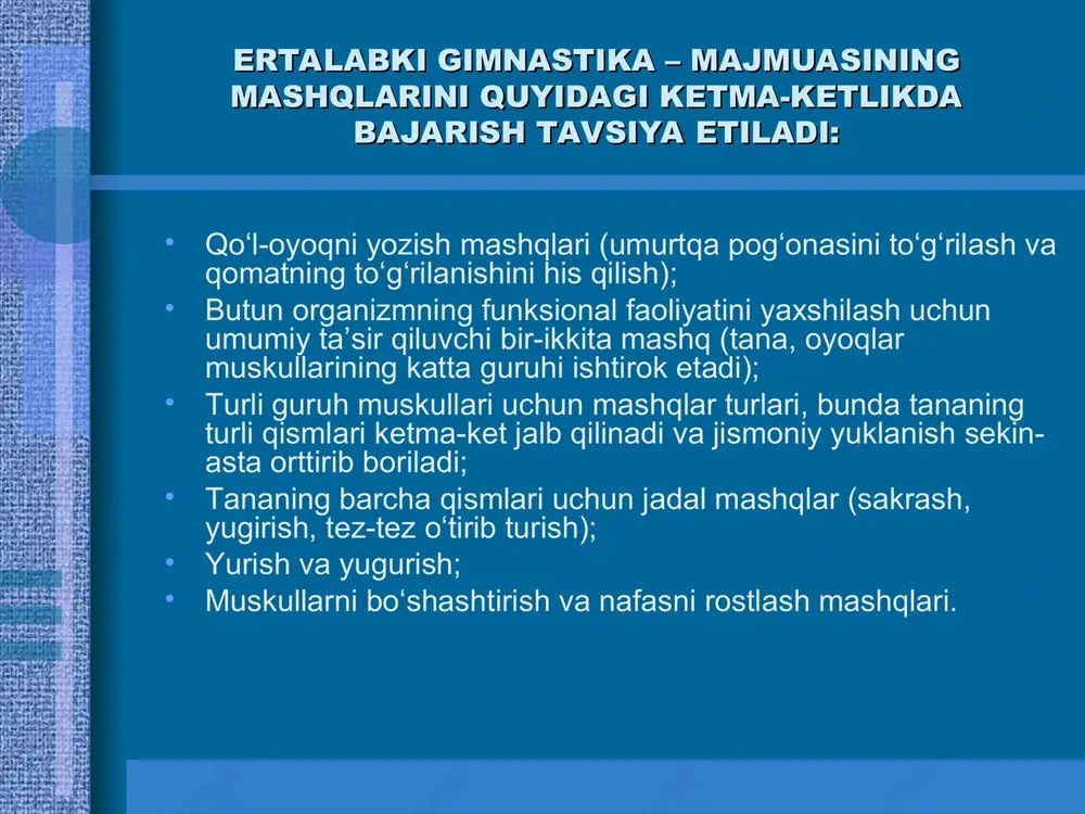o‘llarni yon tomonga uzatib, kaftni yuqoriga qaratiladi. 2. chap oyoqni oldinga uzatib, oyoq ostiga chapak chalinadi. 3. chap oyoq uchini orqaga cho‘zib, qo‘llar yon tomonlarga cho‘zilib, kaftlar yuqoriga qaratiladi. 4. dastlabki holat. 5-8. shuning o‘zi boshqa oyoq bilan takrorlanadi. yotgan holda qo‘llarni bukish (4 marta). dastlabki holat. 1. o‘tiriladi. 2. yotiladi. 3. qo‘llrni bukib, chap oyoq orqa tomonga uzatiladi. 4. yotiladi. 5-6. qo‘llarni egib, o‘ng oyoq orqa tomonga uzatiladi va yotiladi. 7. o‘tiriladi. 8. dastlabki holat. 15 daqiqa sekin yurish va yugirish (goh bir, goh ikkinchi oyoqda sakrash, ikkala oyoqda xar xil sakrash). muskullarni bo‘shashtirish va nafasni rostlash mashqlari umumrivojlantiruvchi va erkin mashqlarga oid terminlar dastlabki holatlar — mashqlar ijrosi boshlanishi oldidaa turishlar va boshqa holatlar. • «turish terminining boshqa ma'nosn ham bor. turishlar: asosiy turish {a. t.) lar saf turishiga mos keladi (4 a, rasm). turish;ning quyidagi turlari bor: oyoqlarni kerib turish (46, rasm),oyoqlarni keng kerib turish, oyoqlarni sal …