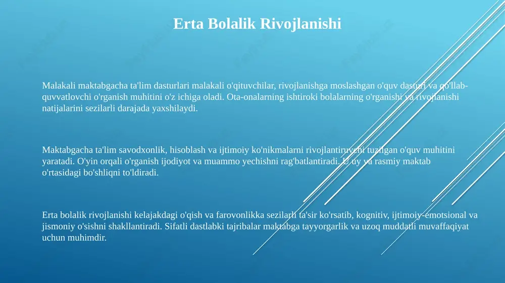 ota-onalar ishtiroki bolaning o'qishdagi muvaffaqiyatini va ijtimoiy-emotsional rivojlanishini sezilarli darajada yaxshilaydi. ota-onalarning faol ishtiroki qo'llab-quvvatlovchi o'rganish muhitini yaratadi va bolaning o'ziga ishonchini mustahkamlaydi. maktabgacha ta'lim dasturlari ota-onalarni jalb qilish imkoniyatlarini, masalan, seminarlar, ota-o'qituvchi uchrashuvlari va oilaviy savodxonlik kechalarini yaratishdan foyda ko'radi. bu tashabbuslar ota-onalarning erta bolalik ta'limi amaliyotlari to'g'risidagi tushunchasini oshiradi va uy va maktab o'rtasidagi hamkorlikni yaxshilaydi. ota-onalarning samarali ishtiroki strategiyasi o'qituvchilar bilan muntazam aloqa, sinfda ko'ngilli bo'lish, maktab tadbirlarida ishtirok etish va uyda mashg'ulotlar va suhbatlar orqali o'qishni faol qo'llab-quvvatlashni o'z ichiga oladi. doimiy jalb qilish mustahkam uy-maktab aloqasini yaratadi. jismoniy rivojlanish maktabgacha yoshdagi bolalarda yirik motor ko'nikmalarini (yugurish, sakrash, chiqish) rivojlantirish juda muhim. muvofiqlashtirish va muvozanatning yaxshilanishi ham sog'lom jismoniy o'sishning asosiy ko'rsatkichlaridan biridir. muntazam jismoniy faoliyat, shu jumladan o'yin va ochiq havoda o'tkaziladigan tadbirlar sog'lom o'sishni ta'minlaydi, mushaklarni mustahkamlaydi va yurak-qon tomir salomatligini yaxshilaydi. yetarli uyqu ham jismoniy rivojlanish uchun muhim ahamiyatga ega. chizish, yozish va …