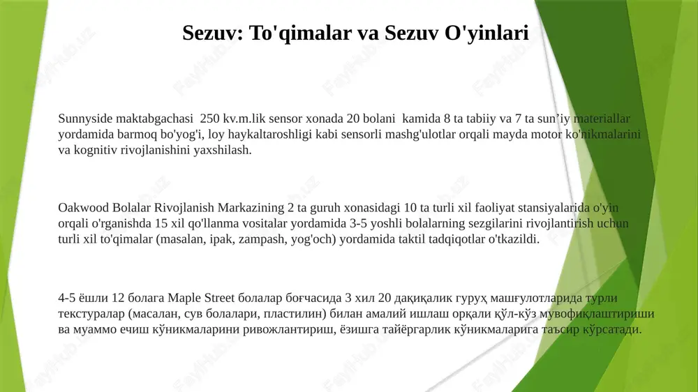 alar uchun 20 daqiqalik mashg'ulotlar o'tkaziladi. xylofon va 5 notali fleyta kabi musiqa asboblari yordamida e'tiborni jamlash va eshitishni farqlash ko'nikmalarini rivojlantirishga qaratilgan 10-15 ta tuzilgan musiqiy mashq bajarish o'z ichiga oladi quyosh bogʻchasida 4 yoshli bolalarda qoʻl-koʻz muvofiqlashuvi va koʻrish qobiliyatini yaxshilash uchun katta qogʻozga (2' x 3') turli tuzilishdagi qalamlar bilan 10 ta katta, qalin shaklni (doira, kvadrat) chizish mashqlari qoʻllanilmoqda ta'm: oshpazlik safar sensor integratsiya va oziq-ovqat ta'limi: 25 misol bilan 7 ta oziq-ovqat guruhi (sut mahsulotlari, don mahsulotlari, mevalar, sabzavotlar, oqsillar, yog'lar, shirinliklar) bolalarga o'rgatiladi bolalar 2 xil maxsus asbob (yog' moychechak, bolalar uchun xavfsiz qaychi) yordamida (nazorat ostida) 8 ta oddiy retseptni (masalan, mevali salat, sabzavotli tayoqchalar) tayyorlashda asosiy pichoq bilan ishlash mahoratini o'rganadilar. 200 kv ta'm tadqiqoti: 3-5 yoshli bolalar 10 xil jahon taomlari (masalan, italyancha pasta, meksikalik takolar, yaponcha sushi) orqali 6 asosiy ta'mni (shirin, nordon, sho'r, achchiq, umami, tuzli) 5 sezgi (ko'rish, …