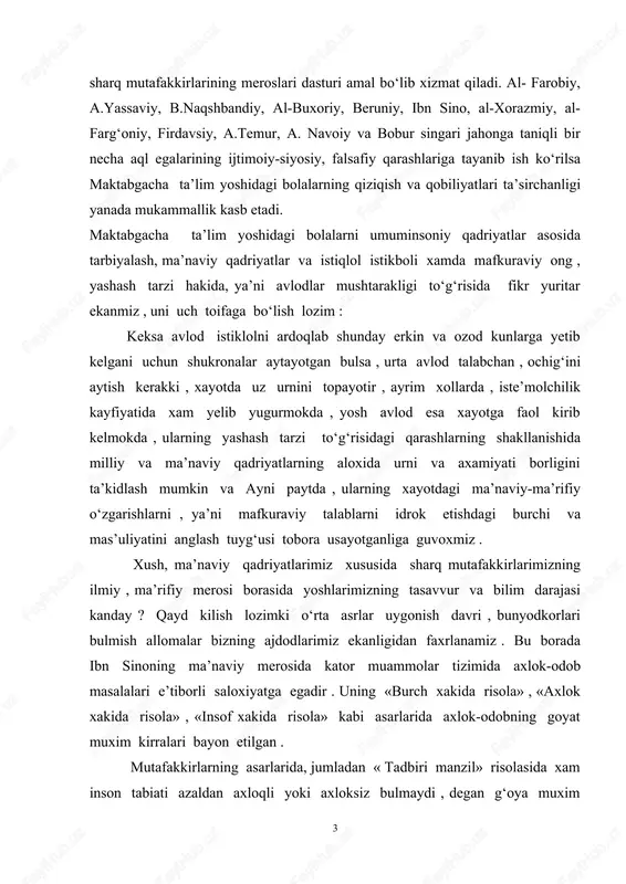 or muammolar tizimida axlok-odob masalalari e’tiborli saloxiyatga egadir . uning «burch xakida risola» , «axlok xakida risola» , «insof xakida risola» kabi asarlarida axlok-odobning goyat muxim kirralari bayon etilgan . mutafakkirlarning asarlarida, jumladan « tadbiri manzil» risolasida xam inson tabiati azaldan axloqli yoki axloksiz bulmaydi , degan g‘oya muxim axamiyat kasb etadi . aslida odamlar tayyor fazilat , odat va xayotiy ko‘nikmalar bilan tug‘ilmaydilar. bunday xususiyatlar ularning ijtimoiy hayotida shaxsiy va o‘zgalar tajribasi , ajdodlar an’analari , ta’lim-tarbiyaning faol ta’siri ostida asta-sekin shakllana boradi . ta’lim-tarbiya o‘zgalarning ma’naviy ta’siri ostida inson uzida ijobiy axlokiy fazilatlarni shakllantiradi yoki «yomon dustlar» ya’ni salbiy odatlar soxibiga aylana boradi . jahonda xii asrdan boshlab xanuzgacha algebra fani asoschisi sifatida al-xorazmiy nomi ulug‘lanadi . hozirgi zamonda kosmik kemalar, havo transporti , hisoblash texnikasi , ishlab chikarishning texnologik jarayonlar algoritmi qoidasi asosida ishlaydi . abu nasr farobiy inson akliy va ijodiy faoliyatining takomillashuvida musiqiy oxanglarning fizikaviy …