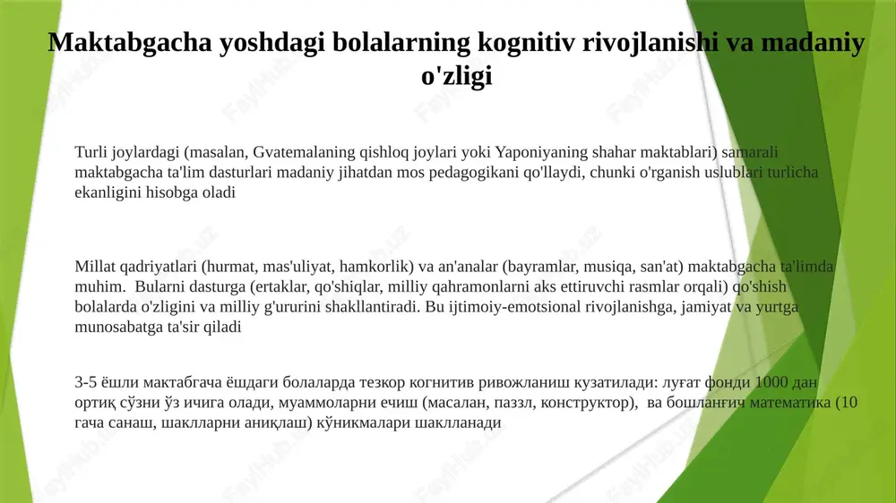 i qadriyatlarni singdiradi bayramlar (masalan, hindistondagi diwali, isroildagi hanuka, xitoidagi yangi yil) bolalarni turli madaniyatlar bilan tanishtirib, mehr-oqibat va tushunchani rivojlantiradi. an'anaviy qo'shiqlar, raqslar va taomlar (masalan, latkes, manti) turli xil sinflarda madaniy faxr va jamoaviy aloqalarni mustahkamlaydi. til rivojlanishi va madaniy nuanslar bolalikdan milliy ong rivojlanadi. fransiya va janubiy koreya kabi mamlakatlardagi maktabgacha ta'lim muassasalarida milliy ramzlar (bayroq, madhiya) va tarixiy voqealar ochiqchasiga o'rgatiladi. bu yondashuv, kunlik 15-20 daqiqalik tilga sho'ng'ish bilan birga, vatanparvarlik va milliy birlikni tarbiyalaydi 3-5 yoshli bolalardagi nutq rivojlanishi aqliy qobiliyatlarga katta ta'sir ko'rsatadi. tadqiqotlar 5 yoshgacha 30 000 so'z bilan muloqot qilish keyingi o'quv yutuqlarini bashorat qilishini ko'rsatadi. toronto va singapur kabi joylardagi ikki tilli dasturlar kognitiv moslashuvchanlikni yaxshilaydi bolalar bog'chalarida turli madaniyatlar hikoyalari (masalan, yamayka anansi afsonalari, kanada inuit afsonalari) lug'at boyligini va turli nuqtai nazarlarni tushunishni oshiradi. aqsh bolalar bog'chalarida ko'p madaniyatli adabiyotlar (nyu-yorkda 20 dan ortiq til) tobora ko'proq qo'llanilmoqda o'qituvchilarni …