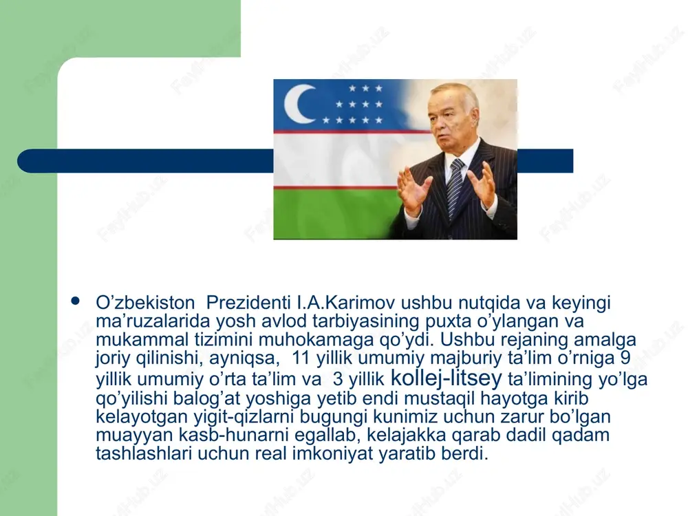 madaniyatiga samarali ta’sir ko’rsatib, uning insoniy fazi-latlari, axloqiy qadriyat va me’yorlar shakllanishida muhim omil sanaladi. shaxs kamolotida tarbiyaning roli shaxsning rivojlanishi va shakllanishiga ta’sir nuqtai nazaridan tarbiya doimo maqsadga yo‘ naltirilgan bo‘ lib, birinchi navbatda, aniq maqsadga qaratilgan jamiyatning faoliyatidir. bunda jamiyat o‘ zida mavjud bo‘ lgan barcha imkoniyat hamda vositalardan foydalanadi. tarbiya insonni muayyan ijtimoiy zaruriy bilimlar majmui, ko‘ nikma va malakalar bilan qurollantirish, uni hayotga va mehnatga, xulq-atvor me’yorlari va qadriyatlariga rioya qilishga, kishilar bilan muomala qilishga, ijtimoiy munosabatlarga tayyorlashni nazarda tutadi. shaxsning ijtimoyilashuvi. shaxs ijtimoiy munosabatlar jarayonida shakllanadi. chunki ta’lim jarayonida bolalarga jamiyatda birga yashash bilan bog‘liq bo‘lgan holat va hodisalar o‘rgatiladi. bu jarayonda o‘quvchi jamiyatga «kirishadi» va u bilan o‘zaro munosabatda bo‘ladi. ular ma’lum ijtimoiy tajriba (bilim, qadriyat, axloqiy qoida, ko‘rsatma) orttiradilar, ya’ni, ijtimoiylashadilar. har bir inson vatan, millat, adolat timsol-tushunchalarining o’z ruhidagi poydor ma’naviy qadriyatlarga aylanishi uchun o’zgalar ibratida sinashi, bu yo’lda riyozat chekishi, ularga …