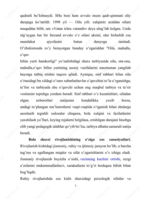 rayonda amalga oshiriladi. tarbiya va ta’limning mazmuni, vositalari, metodlari, bolaning rivojlanish jarayoni ularning yoshi bilan izohlanadi. jumladan, kichik yoshdagi bolalar bilan ish olib borilganda ularning mustaqil hayotga butunlay moslashmaganligi hisobga olinadi. keyingi yosh guruhlarda maktabgacha yoshdagi bolaning mustaqilligi, moslashishi ancha oshib boradi. shunga muvofiq tarzda ta’lim-tarbiyaviy ishlarning vazifalari, mazmuni, vositalari o’zgaradi. bolalarning maktabgacha yoshning oxiriga borib erishgan rivojlanish darajasi ular bilan olib boriladigan ta’lim-tarbiya ishini murakkablashtirish imkonini beradi.ijtimoiy-tarixiy tajribani o’zlashtirish faol ish jarayonida yuz beradi. faollik bolaga xos xususiyatdir. tarbiya jarayonidagi faollik asosida faoliyatning har xir turlari shakllanadi. ulardan asosiylari: munosabatda bo’lish faoliyati, bilish, buyumlar bilan bo’ladigan faoliyat, o’yin, oddiy mehnat va o’quv faoliyatlaridir. ta’lim-tarbiya orqali amalga oshiriladigan faoliyatlarni maktabgacha yoshdagi bolalar birdaniga o’zlashtirib olmaydigan, ularni bolalar tarbiyachi rahbarligida sekin-asta egallab boradilar. bolalar hayotining birinchi yilidanoq faoliyatning eng oddiy turlari undagi shaxsiy qobiliyatlar, xususiyatlar, tevarak-atrofga ma’lum bir munosabatning shakllanida asos bo’lib xizmat qiladi. m: kattalarning bolalar bilan bo’ladigan hissiy, hissiy-predmetli …