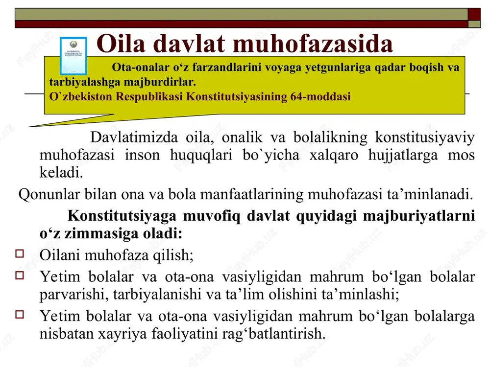 inlar o‘zlarining, shuningdek, voyaga yetmagan bolalari tarbiyasi uchun, ularning ishlari va qilmishlari uchun javobgar bo‘ladilar. o‘z navbatida farzandlar ham o‘z ota-onalari haqida g‘amxo‘rlik qilishlari, ularga yordam berishlari, qo‘llab-quvvatlashlari lozim. balog‘at yoshiga qadar bu majburiyat ma’naviy tavsifda bo‘lib, ular 18 yoshga to‘ganlaridan keyin esa yuridik kuch kasb etadi. farzandlarning huquqlari farzandlarning huquqlari “bola huquqlari to‘g‘risida” gi konvensiya (1989 yil) kabi nufuzli xalqaro hujjatda mustahkamlab qo‘yilgan. unga muvofiq inson tug‘ilganidan to 18 yoshga qadar bola hisoblanadi va quyidagilarga haqlidir: yashashga, aqlan va jismonan rivojlanishga; ismi va fuqaroligi bo‘lishiga; oilada tarbiyalanishga; fikr, vijdonan va diniy e’tiqod erkinligiga; ta’lim olishga; zo‘ravonliksiz hayotga; shaxsiy qadr-qimmati hurmat qilinishiga va boshqalar. voyaga yetgan, mehnatga layoqatli farzandlar o‘z ota-onalari haqida g‘amxo‘rlik qilishga majburdirlar. o‘zbekiston respublikasi konstitutsiyasining 66-moddasi agar ota-onalar farzandlari tarbiyasi borasidagi majburiyatlarni bajarishdan bo‘yin tovlasalar, ularga shafqatsiz muomala qilsalar, surunkali ichuvchi yoki giyohvand bo‘salar, ular ota-onalik huqularidan mahrum etilishi mumkin. er-xotindan har ikkalasi ham ota-onalik huquqlaridan mahrum …