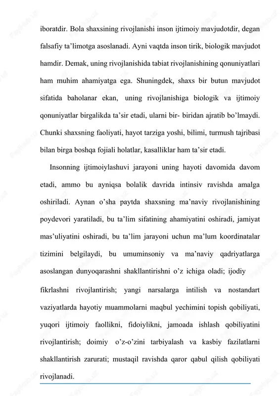 tadi. shaxs shakllanishiga ta’sir etishning ijtimoiy-ruhiy asosiga ega oila jamiyatning ajralmas bo’lagi sifatida ijtimoiy vazifalarni bajarish bilan birga o’ziga xos xususiyatlarni ham akslantiradiki, bunday hislat psixologik qarama-qarshilik hamda xarakterlar to’qnashuvidan iborat ijtimoiy munasabatlardan toliqqan inson organizmining ishchanlik qobiliyatini qayta tiklash uchun zarur bo’lgan mo’tadil iqlimni hosil qila oladi. bu tuyg’u xalqimiz ruhiyatidagi o’ziga xos xususiyatlaridan biridi. bugungi kunda jamiyatimizda olib borilayotgan siyosatning asosiy maqsadlaridan biri-barkamol avlodni tarbiyalashdir. o’zbekiston respublikasi 1-prezidenti i.a.karimov va hukumatimiz oilani jamiyat negizi sifatida bilib, unga nisbatan g’amxo’rlik qilmoqda, uning moddiy-maishiy ravnaqi uchun butun imkoniyatlarni ishga solmoqda. jumladan, yurtboshimiz oilaning jamiyatda tutgan o’rni va ahamiyati to’g’risida shunday deydi: «bola tug’ilgan kundan boshlab oila muhitida yashaydi. oilaga xos an’analar, qadriyatlar, urf-odatlar bola zuvalasini shakllantiradi. eng muhimi, farzandlar oilaviy hayot maktabi orqali jamiyat talablarini anglaydi, his etadi». oila- kishilarning nikoh yoki qon-qarindoshlik rishtalari, umumiy turmush tarsi, axloqiy mas’uliyat hamda o’zaro yordamga asoslanuvchi kichik guruhi. oila mikromuhit sifatida bolaning ruhiy, …