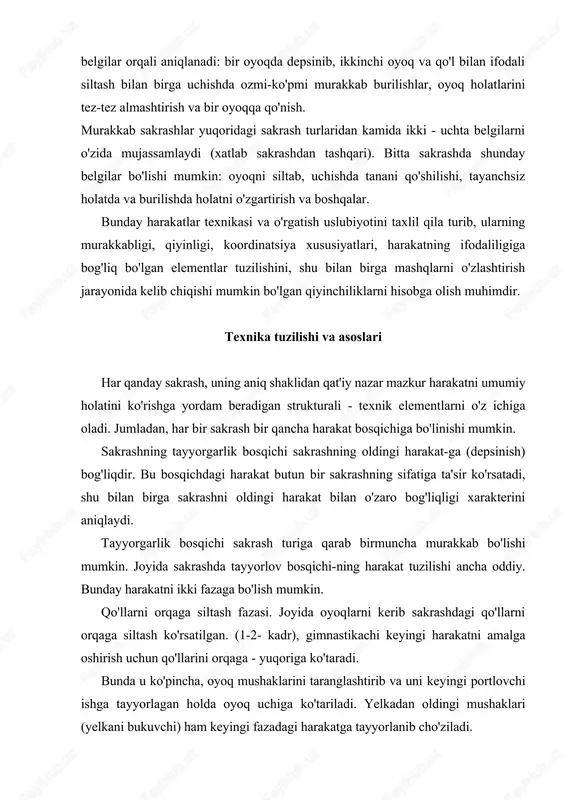 , oyoq mushaklarini taranglashtirib va uni keyingi portlovchi ishga tayyorlagan holda oyoq uchiga ko'tariladi. yelkadan oldingi mushaklari (yelkani bukuvchi) ham keyingi fazadagi harakatga tayyorlanib cho'ziladi. yarim cho'qqayish fazasi. bu faza itarilishdan keyingi hara​katdir. bunda qo'llar tezkor siltash harakati bilan yoysimon bo'lib pastga - oldinga, keyinchalik (asosiy harakat bosqichida) to'g'ri oldinga - yuqoriga harakatlanishga o'tadi (pastga qarang). lekin bu fazada qo'llar bilan siltash harakati gimnastikachi tanasining og'irligini yuqoriga emas, pastga o'tishiga yordam beradigimnastikachi qo'llarini siltash bilan bir vaqtda yarim cho'qqayishni ham ijro etadi: sportchi qo'llami siltash paytida oyoq tizzalarini va tos-son bo'g'imini sinxron bukib, oyoq kaftiga to'liq tushadi (10-rasm, 2-5- kadr). juda baland sakrashga erishish uchun yarim cho'qqayish optimal darajada bo'lishi kerak. bu va boshqa holatlarda depsinish paytida oyoq mushaklarini rivojlantiruvchi kuch pasaydi. tizza bo'g'imi burchagi 135-145° orasida o'zgarib turishi yaxshidir. yarim cho'qqayishda mushak tonusining balandligi ham muhimdir. ularning qo'llarini orqaga siltashdan keyin bo'shashishi depsinish kuchining pasayishiga olib keladi. yarimcho'qqayish fazasi …