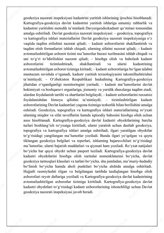 uvi organlariga, jismoniy va yuridik shaxslarga taqdim etadi, ulardan foydalanish tartibi va shartlarini belgilaydi; – kadastr axborotlarini ruxsatsiz foydalanishdan himoya qilishni ta’minlaydi; – tizimlashtirilgan kadastr axborotlarining davlat kadastrlari yagona tizimiga tezkorlik bilan berilishini amalga oshiradi. geodeziya, topografiya va kartografiya ishlari materiallarining ro‘yxati ularning miqdor va sifat tavsiflarini hamda iqtisodiy bahosini hisobga olish uchun asos hisoblanadi. kartografiya-geodeziya davlat kadastri obyektlarining barcha turlari boshlang‘ich ro‘yxatga kiritiladi, ularni yaratish uchun dastlab geodeziya, topografiya va kartografiya ishlari amalga oshiriladi, ilgari yaratilgan obyektlar to‘g‘risidagi yangilangan ma’lumotlar yoziladi. bunda ilgari yo‘qolgan va qayta tiklangan geodeziya belgilari va reperlari, ishlarning bajaruvchilari to‘g‘risidagi ma’lumotlar, ularni bajarish muddatlari va qiymati ham yoziladi. ro‘yxat natijalari bo‘yicha har qaysi obyekt uchun pasport tuziladi. kartografiya-geodeziya davlat kadastri obyektlarini hisobga olish xaritalar nomenklaturasi bo‘yicha, davlat geodeziya tarmoqlari klasslari va turlari bo‘yicha, shu jumladan, ma’muriy-hududiy bo‘linish bo‘yicha hamda aholi punktlari bo‘yicha alohida amalga oshiriladi. hujjatli rasmiylashti rilgan va belgilangan tartibda tasdiqlangan hisobga olish axborotlari …