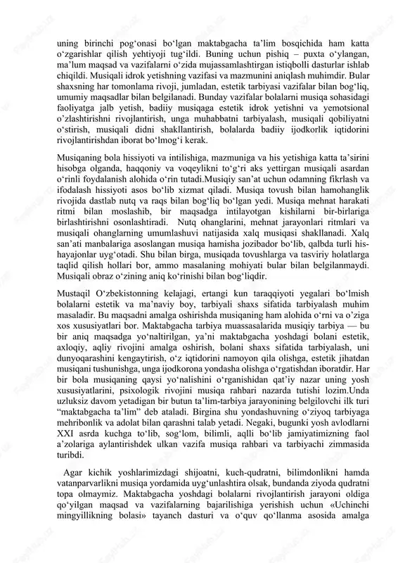 tug‘ildi. buning uchun pishiq – puxta o‘ylangan, ma’lum maqsad va vazifalarni o‘zida mujassamlashtirgan istiqbolli dasturlar ishlab chiqildi. musiqali idrok yetishning vazifasi va mazmunini aniqlash muhimdir. bular shaxsning har tomonlama rivoji, jumladan, estetik tarbiyasi vazifalar bilan bog‘liq, umumiy maqsadlar bilan belgilanadi. bunday vazifalar bolalarni musiqa sohasidagi faoliyatga jalb yetish, badiiy musiqaga estetik idrok yetishni va yemotsional o’zlashtirishni rivojlantirish, unga muhabbatni tarbiyalash, musiqali qobiliyatni o‘stirish, musiqali didni shakllantirish, bolalarda badiiy ijodkorlik iqtidorini rivojlantirishdan iborat bo‘lmog‘i kerak. musiqaning bola hissiyoti va intilishiga, mazmuniga va his yetishiga katta ta’sirini hisobga olganda, haqqoniy va voqeylikni to‘g‘ri aks yettirgan musiqali asardan o‘rinli foydalanish alohida o‘rin tutadi.musiqiy san’at uchun odamning fikrlash va ifodalash hissiyoti asos bo‘lib xizmat qiladi. musiqa tovush bilan hamohanglik rivojida dastlab nutq va raqs bilan bog‘liq bo‘lgan yedi. musiqa mehnat harakati ritmi bilan moslashib, bir maqsadga intilayotgan kishilarni bir-birlariga birlashtirishni osonlashtiradi. nutq ohanglarini, mehnat jarayonlari ritmlari va musiqali ohanglarning umumlashuvi natijasida xalq musiqasi shakllanadi. …
