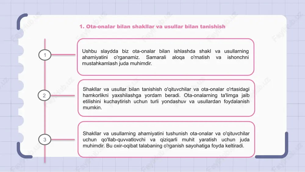 qali ota-onalar ishtirokini rag'batlantirish ota-onalar va o'qituvchilar o'rtasidagi aloqani yanada mustahkamlashi mumkin. maqsadlarni belgilash va muammolarni hal qilishda hamkorlik qilish umumiy qarorlar qabul qilish va bolaning muvaffaqiyatini qo'llab-quvvatlash uchun yagona yondashuvga olib kelishi mumkin. 6. ota-onalar va o'qituvchilar hamkorligining shakl va usullarini amalga oshirish ota-onalar va o'qituvchilarning hamkorligi shakllari va usullarini amalga oshirishda samarali muloqotni ta'minlash uchun har ikki tomonning ehtiyojlari va afzalliklarini hisobga olish muhimdir. ba'zi samarali shakllarga so'rovlar, fikr-mulohaza shakllari va ota-onalar konferentsiyalari kiradi, elektron pochta yoki telefon qo'ng'iroqlari orqali muntazam muloqot kabi usullar kuchli hamkorlikni rivojlantirishi mumkin. ushbu shakl va usullarni qo'llash orqali maktablar ham o'quvchilar, ham ularning oilalari uchun foydali bo'lgan hamkorlik va qo'llab-quvvatlovchi muhitni yaratishi mumkin. 1 2 3 7. ota-onalarni talabalar muvaffaqiyati uchun shakl va usullarga jalb qilish ota-onalarni talabalar muvaffaqiyati uchun qo'llaniladigan turli shakl va usullarga jalb qilish uy va maktab o'rtasidagi samarali hamkorlik uchun juda muhimdir. ota-onalarni farzandining ta'limiga oid qarorlar qabul …
