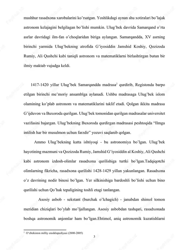 rqand observatoriyasidan 1018 ta yulduz joylashuvi aql bovar qilmas aniqlikda, gipparxdan so’ng ilk bor belgilangan. astronomik turkum yaratilishi jahon astronomiya fani xazinasiga qo’shilgan ulkan hissa hisoblanadi. bundan tashqari, rasadxonada ekliptikning ekvatorga qiyaligi va yulduz yilining uzunligini belgilash; sinusning bir burchakdagi ahamiyatini - muhim astronomik doimiylikni - verguldan so’ng o’n sakkizinchi belgigacha aniqlikda hisoblash bo’yicha ishlar olib borilgan. ulug’bek o’z ma’lumotlarini bir necha bor tekshirib, uning sonlarini to’g’ri, degan xulosaga keladi. 1437 yil u astronomik yil uzunligini aniqlaydi: 365 kun 6 soat 10 daqiqa 8 soniya. keyinroq o’zgarishlar farqi 58 soniyada ekanligi aniq bo’lgan. ulug’bek sohib qiron amir temurning nabirasi, shoxruhning to’ng’ich o’g’li bo’lib, onasi gavharishod og’a nufuzli qipchoq amirlaridan qiyosiddin tarxonning qizi edi. u jahongir temurning iroq va ozarbayjonga qilgan harbiy yurishi vaqtida 1394 yil 22 martda sultoniya shahrida tug’iladi.[footnoteref:3] [3: hugh thurston, early astronomy, (new york: springer-verlag), p. 194, isbn 0-387-94107-x] temurning hohishi bilan bolaga muhammad tarag’ay deb nom …