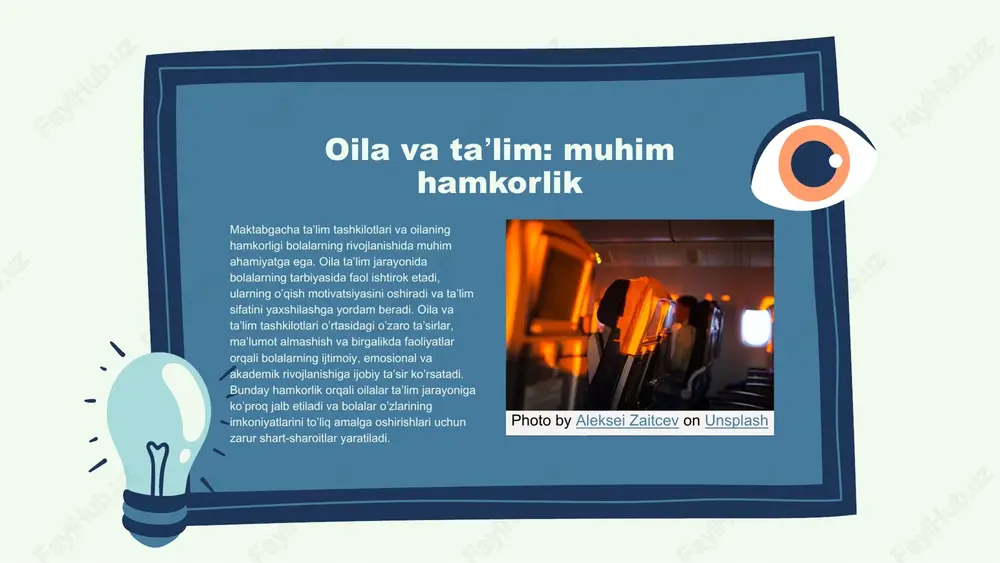 k. oilaning maktabga nisbatan majburiyatlari oila maktab bilan hamkorlikda bolalar taʼlimini yanada mustahkamlashi lozim. bu, oila va maktab oʼrtasida samarali aloqa oʼrnatish, bolalarning maktabdagi faoliyatini kuzatish va ularga yordam berishni oʼz ichiga oladi. oila va maktab o‘rtasidagi hamkorlikni kuchaytirish yo‘llari oila va maktab oʼrtasidagi hamkorlikni kuchaytirish uchun muntazam uchrashuvlar oʼtkazish va taʼlim jarayonida birgalikda ishtirok etish muhimdir. shuningdek, oila va maktab oʼrtasidagi oʼzaro fikr almashish va tajriba almashish ham hamkorlikni rivojlantiradi. muvaffaqiyatli hamkorlik strategiyalari oila va taʼlim tashkilotlari oʼrtasida muvaffaqiyatli hamkorlikni taʼminlash uchun bir qancha asosiy strategiyalar mavjud. birinchidan, muntazam va ochiq muloqot oʼrnatish zarur, bu oila va taʼlim muassasalari oʼrtasida ishonch va shaffoflikni taʼminlaydi. ikkinchidan, oila va taʼlim tashkilotlari oʼrtasida maqsadlarni aniqlash va birgalikda rejalashtirish ham muhimdir. uchinchidan, oila aʼzolarini taʼlim jarayoniga jalb qilish, ularning fikr va takliflarini inobatga olish, taʼlim samaradorligini oshirishga yordam beradi. strategiyalarni amalga oshirish uchun zarur boʼlgan resurslar va koʼnikmalar oʼz ichiga quyidagilarni oladi: birinchidan, …