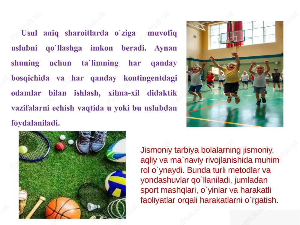 ish o`quvchi-o`quvchi birgalikda muammolarni hal etish, loyihalar ustida ishlash o`qituvchi-ota-ona o`quvchining rivojlanishi, muammolari bo`yicha fikr-mulohaza almashish 10 muloqotli ta`lim uslublari 1 suhbat o`qituvchi va o`quvchilar o`rtasida muloqot asosiy rol o`ynaydi. 2 munozara fikrlar almashish va munozaralar orqali yangi bilimlar hosil qilinadi. 3 bahs-munozara o`quvchilar mustaqil fikrlashga, dalillashga va pozitsiya himoya qilishga o`rganadilar. 11 so`zdan foydalanish usullari o`qituvchi o`z faoliyatini asosan so`z yordamida (konstruktivlik, tash kilotchilik, izlanuvchanlik) amalga oshiradi, shuningdek o`quvchilar bilan o`zaro muloqat va munosabat o`rnatadi. so`z ta`lim jarayonini faollashtiradi, aytarli to`la va aniq tasavvurning shakillantiradi, ta`limning vazifasini chuqurroq his qilish va fikrlashga yordam beradi. so`z yordamida o`qituvchi o`quv materialdan foydalanadi, uning o`zlashtirilishi natijasini baholaydi va tahlil qiladi, bu bilan o`quvchini o`z-o`zini baholashga o`rgatadi. va nixoyat, so`z bo`lmaganda, o`qituvchi ta`limning barcha jarayoniga xos holatni va o`quvchining hulqi yurish-turishi boshqa shu kabi jarayonlarni boshqara olmagan bo`lar edi shunday qilib, o`qituvchi so`zning ikki funksiyasidan foydalanish imkoniga ega: birinchidan - m a ` …