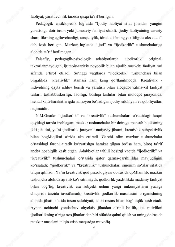 ik ijod psixologiyasi doirasida qomlanilib, mazkur tushuncha alohida ajratib ko‘rsatilmaydi; ijodkorlik yaxlitlikda madaniy faoliyat bilan bog‘liq, kreativlik esa subyekt uchun yangi imkoniyatlarni yuzaga chiqarish tarzida tavsiflanadi; kreativlik ijodkorlik masalasini o‘rganishning alohida jihati sifatida inson salohiyati, ichki resurs bilan bog‘ iiqlik kasb etadi. aynan uchinchi yondashuv obyektiv jihatdan o‘rinli bo‘lib, ke- rativlikni ijodkorlikning o‘ziga xos jihatlaridan biri sifatida qabul qiiish va uning doirasida mazkur masalani talqin etish maqsadga muvofiq. respublikamizda o‘quvchiiarning kasbiy ijodkorligi sohasida fundamental tadqiqotlarni amalga oshirgan olim sh.sharipovning fikricha, ijodkorlik shaxsda mustaqil fikrlash sifatlari namoyon bo‘lishining eng asosiy va faol shakli hisoblanib, uni quyidagi belgilariga ko‘ra tasniflash mumkin: ijod turi (texnik, texnologik, tashkilotchilik, iqtisodiy, iiti- moiy, ma’naviy, pedagogik, didaktik, kasbiy, aralash); ijod darajasi (mono ijod, multi ijod, mega ijod); ijod qamrovi (ixtisoslik, muu- xassislik, bilim sohasi, tarmoqlararo, milliy, mintaqaviy, mintaqalararo, xalqaro); ijodning davomiyligi (qisqa muddatli, o‘rta muddatli, uzoq muddatli); ijodning shakli (innovatsion, ilmiy-tadqiqotchilik, ta’iimiy, investitsion, aralash); umumiy jihatlariga ko‘ra …