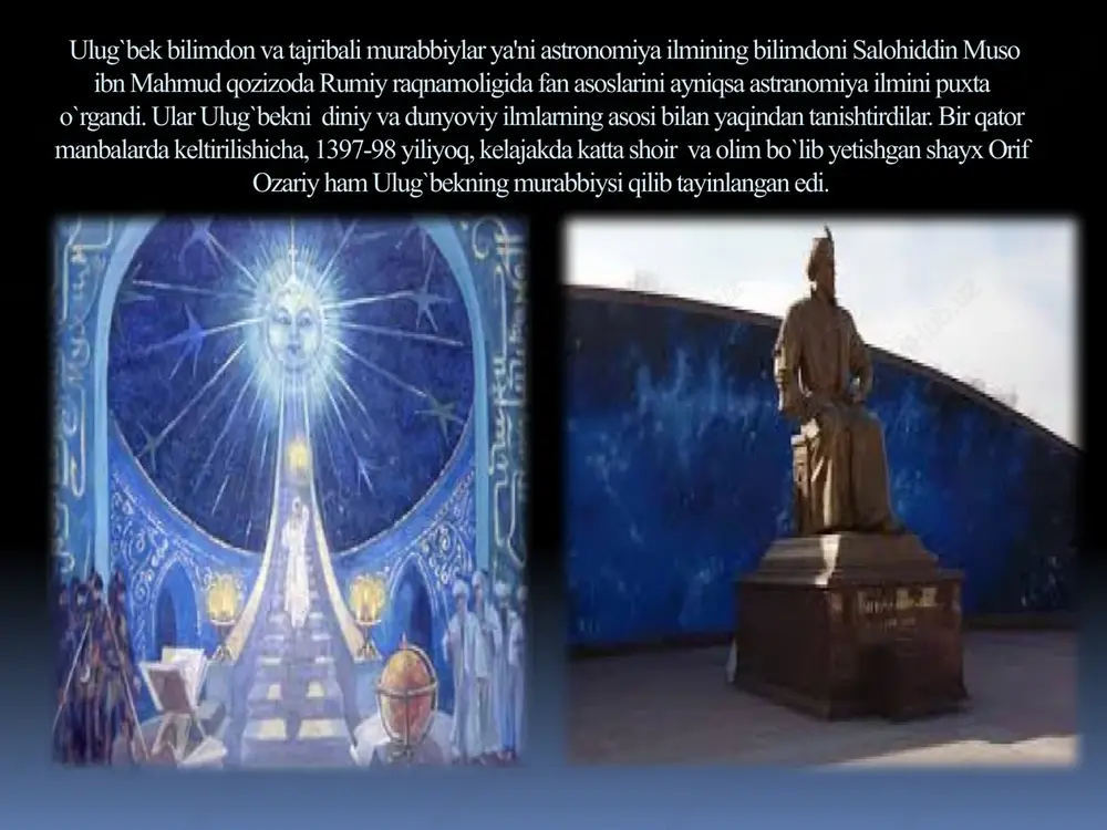 k qilgan yillarda (1409-1449) yanada gullab yashnadi; hunarmandchilik, me'morchilik va adabiyot ravnaq topdi, ilm-fan yuksaldi, savdo rivojlandi. ulug`bek farmoyishi bilan buxoroda (1417), samarqandda (1420), g`ijduvonda (1432-33) madrasalar va marvda xayriya muassasalari qurildi. bibixonim masjidi, amir temur maqbarasi, shohi zinda ansambli qurilishlari poyoniga yetkazildi. ulug`bek bulardan tashqari, talaygina jamoat binolari, ya'ni karvonsaroy, timlar,chorsu, hammom va hokazolarni ham qurdirgan.karvonsaroylardan eng kattasi registon, hozirgi tillakori madrasasi o`rnida bo`lgan va mirzoyi karvon saroyi nomi bilan shuxrat topgan. mamlakat obodonchiligi yo`lida ko`hna samarqand temur va temuriylar zamonida, ayniqsa ulug`bek hukmronlik qilgan yillarda (1409-1449) yanada gullab yashnadi; hunarmandchilik, me'morchilik va adabiyot ravnaq topdi, ilm-fan yuksaldi, savdo rivojlandi. ulug`bek farmoyishi bilan buxoroda (1417), samarqandda (1420), g`ijduvonda (1432-33) madrasalar va marvda xayriya muassasalari qurildi. bibixonim masjidi, amir temur maqbarasi, shohi zinda ansambli qurilishlari poyoniga yetkazildi. ulug`bekning ilmiy va madaniy merosi. ulug`bek buyuk astronom, matematik, davlat arbobi. u o`rta osiyo xalqlari ilmu fani va madaniyatini o`z davrida dunyo fanining …