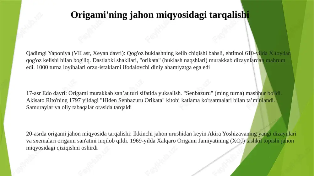 into, budda marosimlari) va zodagonlar hayotidagi bezak elementlarida qo'llanilgan; sodda shakllarga ega "orikata" (katlama naqshlari) paydo bo'ldi. 18-19-asrlar: origami "senbazuru" (ming turna) afsonalari/marosimlaridan murakkab modellargacha rivojlandi; akira yoshizawa (20-asr boshlari) yaponiyada yozuv tizimlarini (sxemalarni) kodifikatsiya qilib, jahon miqyosida tarqalishga ta'sir ko'rsatdi. qog'ozning yaponiyaga safar origami kelib chiqishi hali ham munozarali, ammo xeyan davrida (794-1185) yaponiyada qog'ozning ko'payishi buning asosini yaratdi. yig'ish texnikalari ehtimol sovg'a o'rash va diniy marosimlardagi bezak elementlari kabi amaliy qo'llanmalardan rivojlangan. erta shakllar, bugungi murakkab dizaynlardan farqli o'laroq, sodda edi. 7-asr yaponiyasida qog'oz yasash texnologiyalari o'rnatildi; dastlab qimmat bo'lgan qog'oz asrlar davomida arzonlashdi. buddist rohiblari yaponiya bo'ylab qog'ozdan foydalanishni tarqatishda muhim rol o'ynadi, bu badiiy va diniy ifodalarga ta'sir ko'rsatdi. nara davri (710-794) uning sezilarli rivojlanishini ko'rdi. qog'oz, 2-asrda xitoy ixtirosi bo'lib, buyuk ipak yo'li orqali markaziy osiyo va yaqin sharqqa yetib bordi, 6-asr atrofida esa koreya orqali yaponiyaga tarqaldi. dastlabki qo'llanilishi diniy marosimlar va zodagonlarning xat …