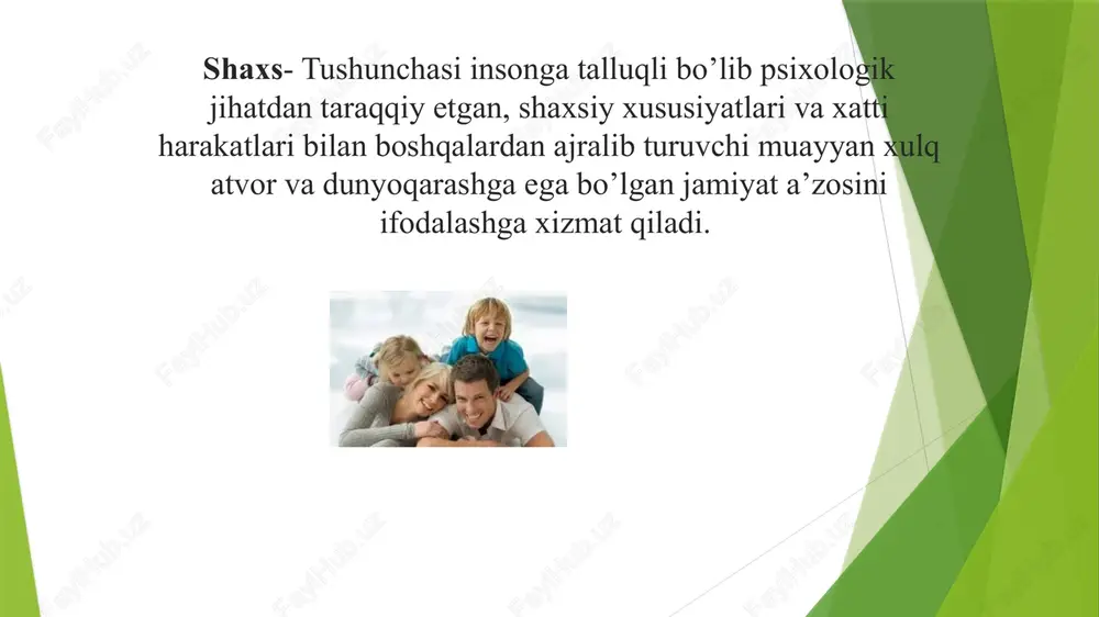 ga qo’ymaganligidadir.shuning uchun ham inson faoliyati uning rivojlanishi natijasi hamdir. demak, shaxs faolligi asosida ijtimoiy faollik, tashabbuskorlik, ijodkorlik xislatlarini shakllantirish – uning shaxslik imkoniyatlarini namoyon etishi orqali faoliyatini rivojlantirish muhim sanaladi ma’lum bir yosh davriga xos bo’lgan anatomik, fiziologik, psixologik xususiyatlar yosh xususiyatlari deyiladi odam ijtimoiy mavjudot sifatida shaxsga aylanishi uchun ijtimoiy muhit sharoitlari va tarbiya kerak bo’ladi. ana shular ta’sirida odam inson sifatida rivojlanib boradi va shxsga aylanadi. bular shaxsning o’ziga xos xususiyatlari bo’lib ana shu ruhiy xususiyatlar rivojlanib borib ma’lum bir bosqichga yetsagina u mukammal inson sifatida shakllanadi. shaxsning ijtimoiy voqealikka, mehnatga, jamiyatga bo’lgan munosabati turlicha namoyon bo’ladi. pedagogika, tibbiyot, bolalar anatomiyasi,fiziologiyasi, psixalogiya fanlari yutuqlari va shu fanlarning tavsiyasiga ko’ra bolalarning yosh davrini quydagicha guruhlash qabul qilingan. 0-3 4-11 maktabgacha tarbiya yoshi 12-18 o’rta maktab yoshidagi o’smirlar go’daklik davri bog’chagacha bo’lgan yosh davri maktab yoshidagi kichik guruhlar o’spirinlik davri hozirgi davr o’smirlarining ruhiyatida quyidagi holatlar ko’zga tashlanadi intellektual …