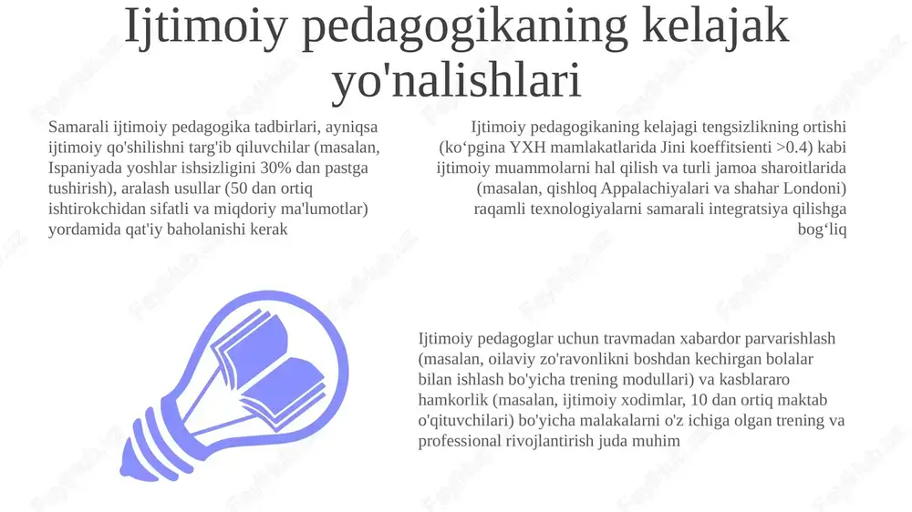 lar yashaydigan hududlarda jinoyatchilik darajasi 15% ga kamaygan), bandlik darajasining oshishi (25 yoshga to'lganida nazorat guruhiga nisbatan 60% yuqori) va umumiy farovonlikning yaxshilanishi (hayotdan mamnunlikni o'lchaydigan sifatli intervyular va miqdoriy so'rovnomalar asosida) ijtimoiy pedagogika faoliyati (masalan, chikagoning janubiy tomonidagi kam ta'minlangan hududlarda 20 dan ortiq yoshlar guruhi bilan o'tkazilgan mashg'ulotlar) 3 asosiy omilni rivojlantirish orqali chidamlilikni oshiradi: kuchli ijtimoiy aloqalar (interventsiyadan keyin 5 ballli likert shkalasi orqali o'lchangan), o'z-o'zini samaradorligini oshirish (interventsiyadan oldin va keyin so'rovnomalar orqali kuzatilgan; 70% yaxshilanish kuzatildi) va moslashuv mexanizmlarini yaxshilash (samarali stressni boshqarish usullarini ko'rsatuvchi 10 ta ish tahlili orqali tahlil qilingan) ijtimoiy pedagogika ta'rifi ijtimoiy pedagogika uchun muhim bo'lgan faoliyatlar tuzilgan (masalan, guruh loyihalari, 3-5 ishtirokchi) va tuzilmagan o'yinlar (bog'lar, 10-20 bola) orqali shaxsiy va jamoaviy o'sishni rag'batlantirib, turli sharoitlarda (shahar, qishloq) ijtimoiy ko'nikmalar, hissiy tartibga solish va o'z-o'zini hurmat qilishni rivojlantiradi va bolalarning kundalik hayotining taxminan 50% ga ta'sir qiladi ijtimoiy pedagogika yoshlar …
