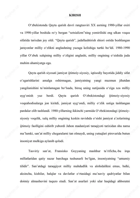 tizimi, rivojlanishining ekstensiv yo‘li yaroqsiz bo‘lib qolganidan darak edi. ushbu yillarda qo‘lga kiritilgan yutuq va kamchiliklari ham san’atshunoslar nuqtai nazaridan chetda qolgani yo‘q. bu mulohazalarning barchasi bugungi badiiy hayotda o‘z yechimini kutayotgan jihatlaridan biridir. shunga ko‘ra, mavjud kartinalardagi badiiylik masalalari, uslubiy yo‘nalishlari, hamda ijodiy jarayonini tadqiq etish, o‘ziga xos ijodiy an’analarni rangtasvir asarlari talqinida o‘rganish dolzarb masaladir. 1980- yillarning o‘rtalariga kelib, o‘zbek rassomlarining asarlarida fundamental o‘zgarishlarga olib keldi. bir rassomning shaxsiy uslubi o‘zgarishi ko‘pincha sub’ektiv sabablarga ko‘ra sodir bo‘ldi. uslubni o‘zgartirishga ta’sir etuvchi san’at asari bu rassomga ijodiy safarlar bilan to‘qnashuvlarga duch kelishi mumkinligini anglatdi. biroq, san’atda tektonik o‘zgarish faqat bir rassomga emas, balki butun avlodga yoki ustalarning muhim guruhiga ta’sir qildi, faqat ma’lum tarihiy o‘zgarish emas balki inqilobiy zarba ham ta’sir etdi. sovet hududida qayta qurish, so‘ngra erkinlikning tarqalishi yoki oldindan belgilanishi va nihoyat, mustaqillikka erishish o‘zbekistonning rasmiyatchiligida muhim semantik o‘zgarishlar va uslubiy metamorfozalar uchun muhim omil bo‘ldi. 1980-yillarning …