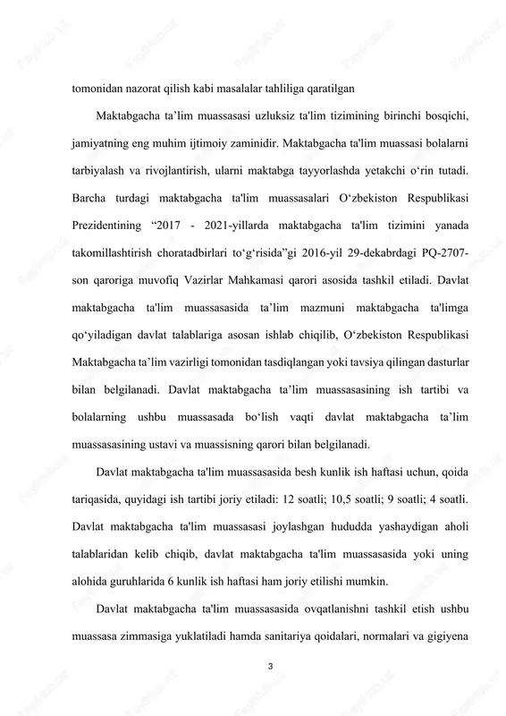 ilishi, sanitariya qoidalari, normalari va gigiyena normativlariga, ovqatlanish rejimi va sifatiga rioya qilinishi uchun mas'uldirlar. davlat maktabgacha ta'lim muassasalarida bolalarning hayotini muhofaza qilish va sog‘iig‘ini mustahkamlashni tashkil etish tartibi o‘zbekiston respublikasi maktabgacha ta'lim vazirligi va sog‘liqni saqlash vazirligi tomonidan belgilanadi. davlat maktabgacha ta'lim muassasasining tibbiyot xodimlari faoliyatini nazorat qilish hududiy sog‘liqni saqlash organlari tomonidan amalga oshiriladi. davlat maktabgacha ta'lim muassasasi rahbariyati tomonidan tibbiyot xodimining faoliyat olib borishi uchun zarur shart-sharoitlar (alohida xizmat xonasi, mebel va tibbiy jihozlar, birinchi tibbiy yordam ko‘rsatish uchun zarur bo‘lgan dori-darmonlar) yaratib beriladi. davlat maktabgacha ta'lim muassasasi tibbiyot xodimlarining malakasini oshirish sog‘liqni saqlash tizimidagi malaka oshirish muassasalarida har uch yilda kamida bir marta bepul amalga oshiriladi. o‘tgan davr mobaynida mamlakatimizda o‘sib borayotgan avlodni sog‘lom va har tomonlama yetuk voyaga yetkazish, ta’lim-tarbiya jarayoniga samarali ta’lim va tarbiya shakllari hamda usullarini joriy etishga qaratilgan maktabgacha ta’limning samarali tizimini tashkil etish bo‘yicha keng ko‘lamli ishlar amalga oshirildi. maktabgacha ta’lim …