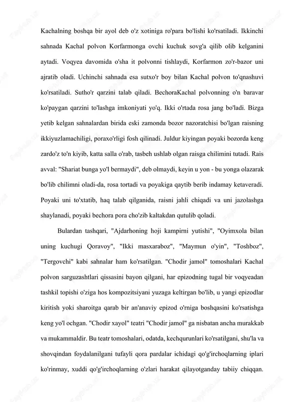 oq qilib yasalgan, qo'l-oyoqlari bo'lgan. bizga ma'lum qo'g'irchoqlar orasida ernazar maymunchi, toshpo'lat dorboz, orif jarchi, oysha xotin olmaboz, xitoy tabib, yo'ldosh yasavul, saydulla yuzboshi, farrosh, otashxo'r, toshboz, to'pchi, yallachi kabi personajlar, laylak, maymun, eshshak ajdar kabi mahluqlar va hayvonlar qiyofasi uchraydi. bizgacha "chodir xayol" ning "sarkardalar" degan bir pyesasi yetib kelgan. unda tomoshani yasavul boshlab beradi. u farroshga joylarni tozalashni, o'rindiqlarni joy-joyiga qo'yib, sarkardalar, podshoxlarni kutib olishni buyuradi. birin-ketin marg'ilonning qo'rboshisi va qozisi, samarqand begi, urganch podshosi, abduraxmonxon, xitoy konsuli, urgut podshosi, toshkent podshosi kirib kelib, o'zlarini tanishtiradi. sarkardalar joylashib olgach, katta tantana boshlanadi. navbat bilan otashxo'r og'zidan olov chiqaradi. maymunboz maymun o'ynatadi, olmaboz bilan tasboz ham hunarini ko'rsatadi. tomosha to'plarning gumburlashi bilan tugaydi. shunday qilib o'zbek qo'g'irchoq teatri ijtimoiy fosh etuvchi va yumoristik harakterga yega bo'lib, muhim mafkuraviy va estetik ahamiyat kasb etgan. qo'g'irchoqbozlar mohir san'atkor bo'lganliklaridan ular yaratgan teatrning g'oyaviy badiiy darajasi ham yuqori bo'lgan. teatrning har ikki …