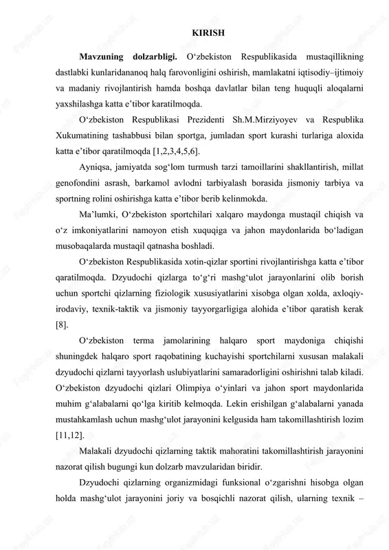 amda joriy va bosqichli pedagogik nazorat qilish qonuniyatlari. ishning ilmiy yangiligi: · bir tomonga yunaltirilgan yuklamalar tuzilmasi tuzildi. ushbu tuzilma asosida mikrotsikllar ishlab chiqildi. · malakali dzyudochi qizlarning taktik tayyorgarligini joriy va bosqichli pedagogik nazorat orqali ulardagi charchash va tiklanish dinamikasini aniqlab uslubiyat ishlab chiqdik. ishning amaliy ahamiyati. malakali dzyudochi qizlarda taktik tayyorgarligini joriy va bosqichli pedagogik nazorat va o‘quv mashg‘ulot yuklamalarni rejalashtirish usuliyatini qo‘llash qo‘yidagilarga:. - yuklamalarni tezkor, joriy va bosqichli rejalashtirish usullari, shuningdek malakali dzyudochi qizlarning shunga muvofik holatlarini tahlil qilish usullarini joriy etish. - mashg‘ulot yuklamasini dasturlash tamoyillaridan foydalanib, hisoblash usuliyati asosida turli yunalishdagi yuklamalarni tayyorgarlik bosqichlari oylik sikllar shiddat zonalari buyicha rejalashtirishni amalga oshirish. - yuklamalarni oqilona rejalashtirish turnir musobaqalarida yanada barqaror natijalarga erishishga yordam beradi. -taktik tayyorgarltgini joriy va bosqichli pedagogik nazorat uslubiyatini ishlab chiqishga imkon beradi. 2.1. dzyudoda tayyorgarlik jarayonining xususiyatlari yuklamalarni meyorlash dzyudochilarda yuklamalar tuzilmasini tayyorlash uslubiyatini markaziy bo‘limlar qatoriga kiradi. mashg‘ulot yuklamalarini …